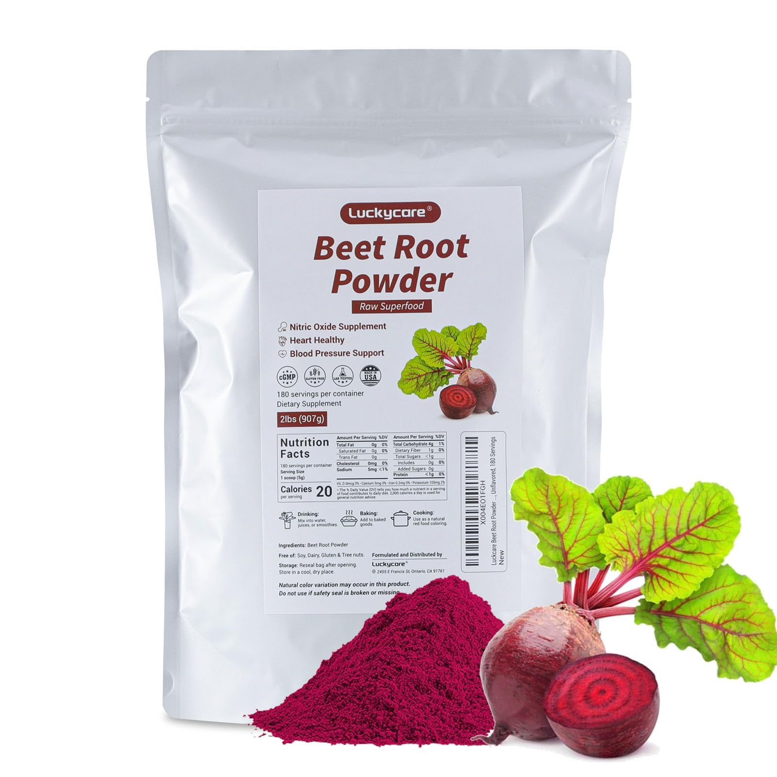 Luckycare Raw Beet Root Powder 2lb - Cold-Pressed Beet Superfood | Plant-Based Nitrates | Non-GMO, Vegan, Gluten-Free
