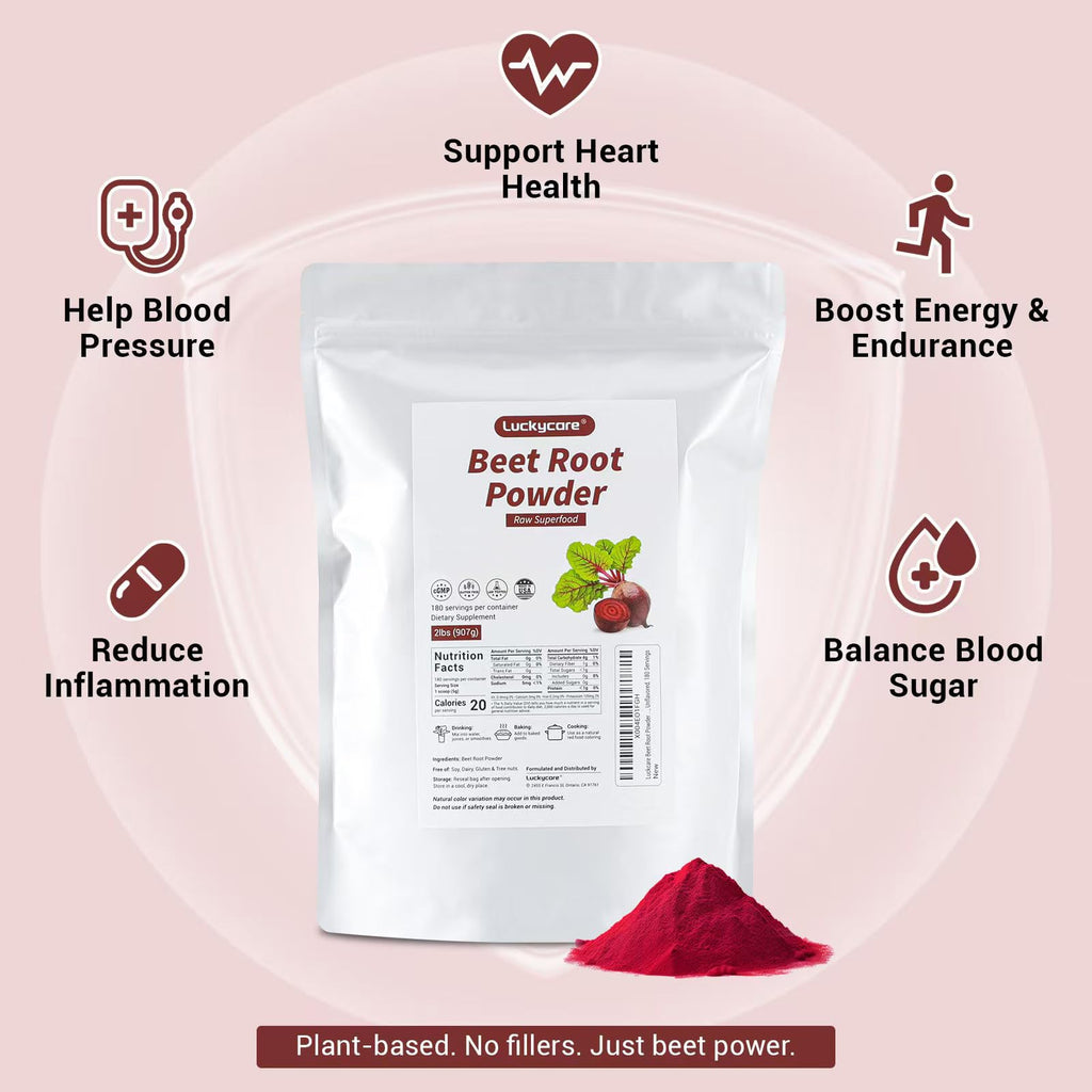 Luckycare Raw Beet Root Powder 2lb - Cold-Pressed Beet Superfood | Plant-Based Nitrates | Non-GMO, Vegan, Gluten-Free