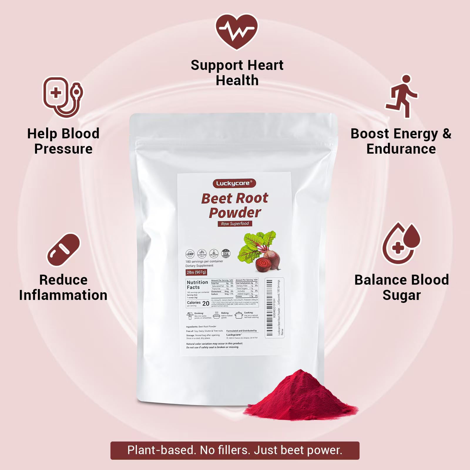 Luckycare Raw Beet Root Powder 2lb - Cold-Pressed Beet Superfood | Plant-Based Nitrates | Non-GMO, Vegan, Gluten-Free