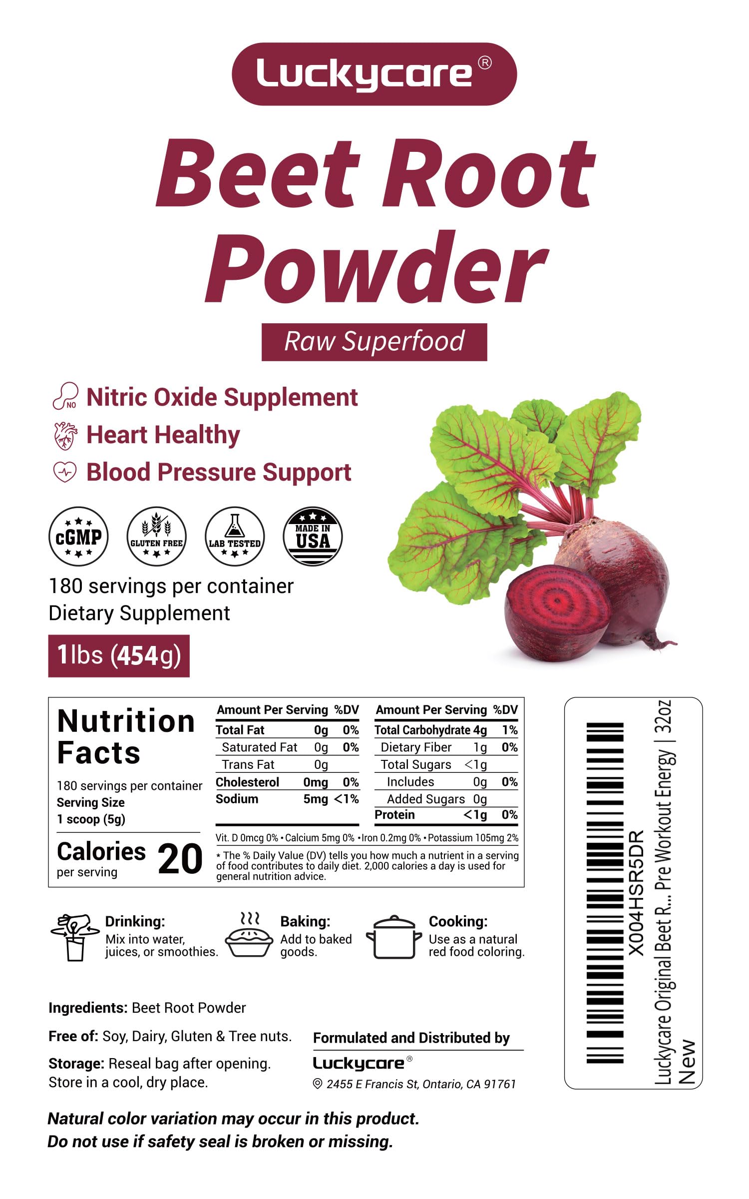 Luckycare Original Beet Root Powder | Non-GMO Beetroot Superfood | Vegan & Gluten Free | Natural Nitric Oxide Supplement | Supports Pre Workout Energy | 16oz