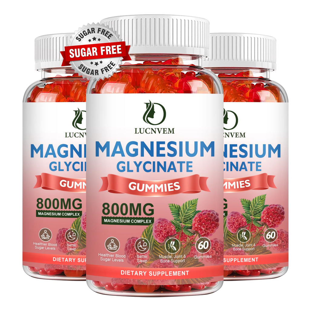 LUCNVEM Sugar Free Magnesium Glycinate Gummies – 60 Raspberry Gummies (3 Pack)