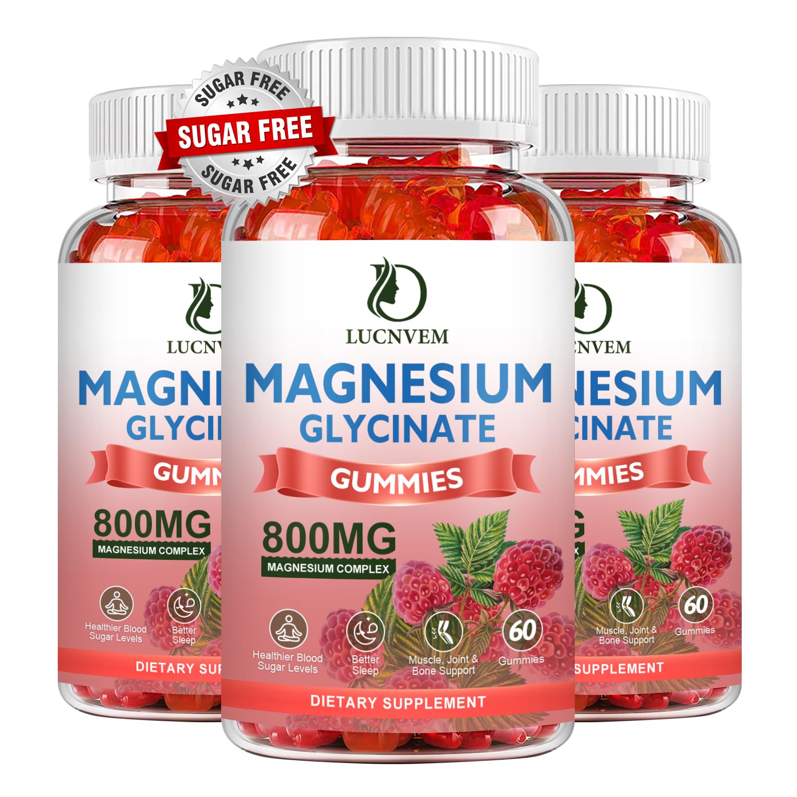 LUCNVEM Sugar Free Magnesium Glycinate Gummies – 60 Raspberry Gummies (3 Pack)