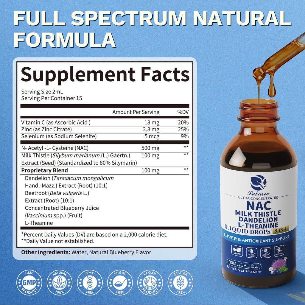 Lukaree Liposomal NAC 600mg Drops with Milk Thistle – Liver & Kidney Support (Vegan, Non-GMO) 2oz