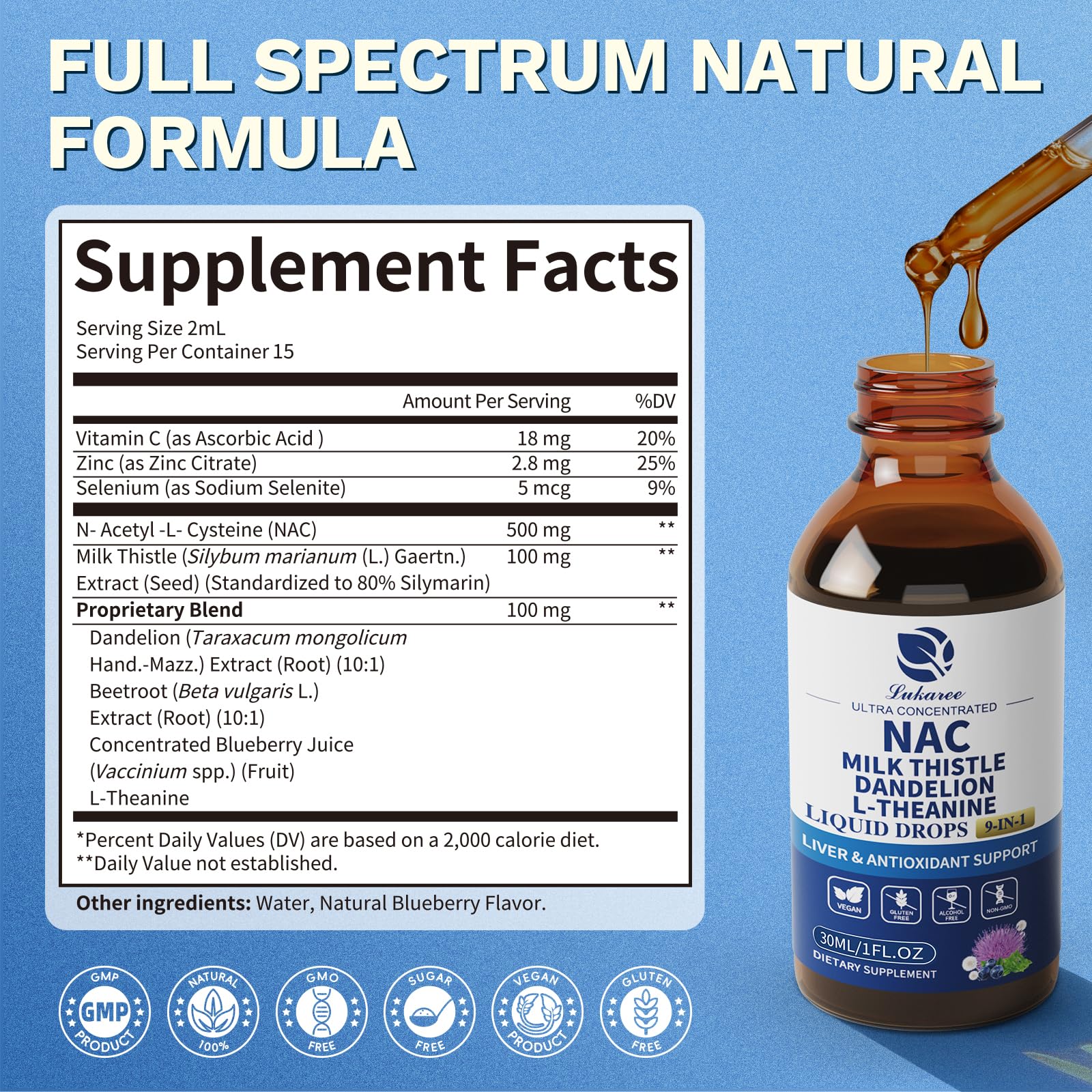 Lukaree Liposomal NAC 600mg Drops with Milk Thistle – Liver & Kidney Support (Vegan, Non-GMO) 2oz