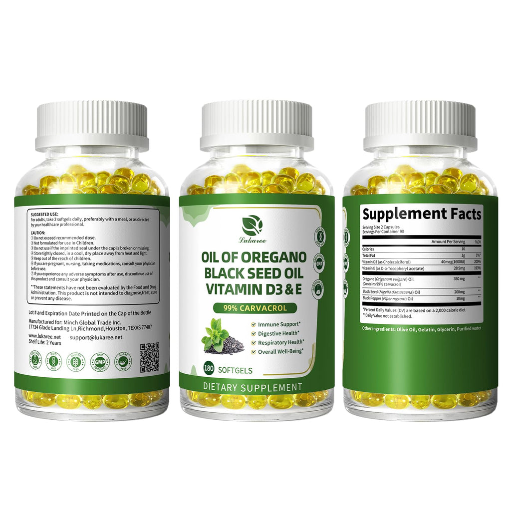 Lukaree Organic Oregano Oil Capsules with Black Seed Oil – 99% Carvacrol, 5-in-1 with Vitamin D3 & E, Black Pepper | 2-Pack