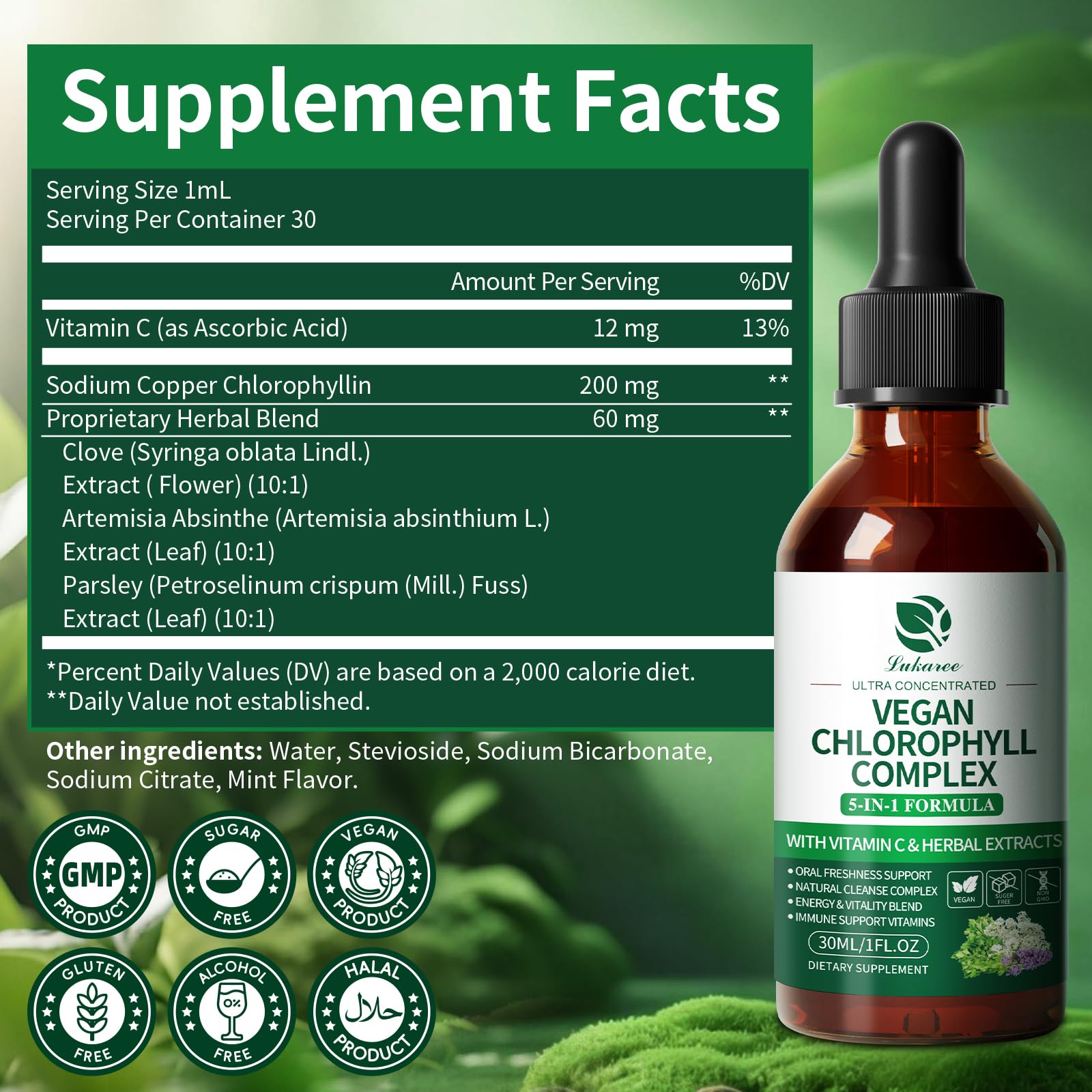 Lukaree Chlorophyll Liquid Drops 200mg - 4X Concentrated Mint Flavor