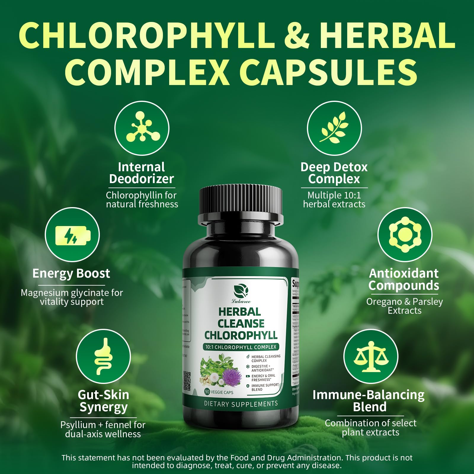 Lukaree Chlorophyll Herbal Complex Capsules | 90 Vegan Detox & Digestive Health