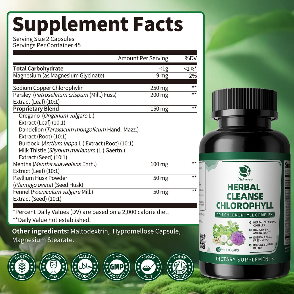 Lukaree Chlorophyll Herbal Complex Capsules | 90 Vegan Detox & Digestive Health