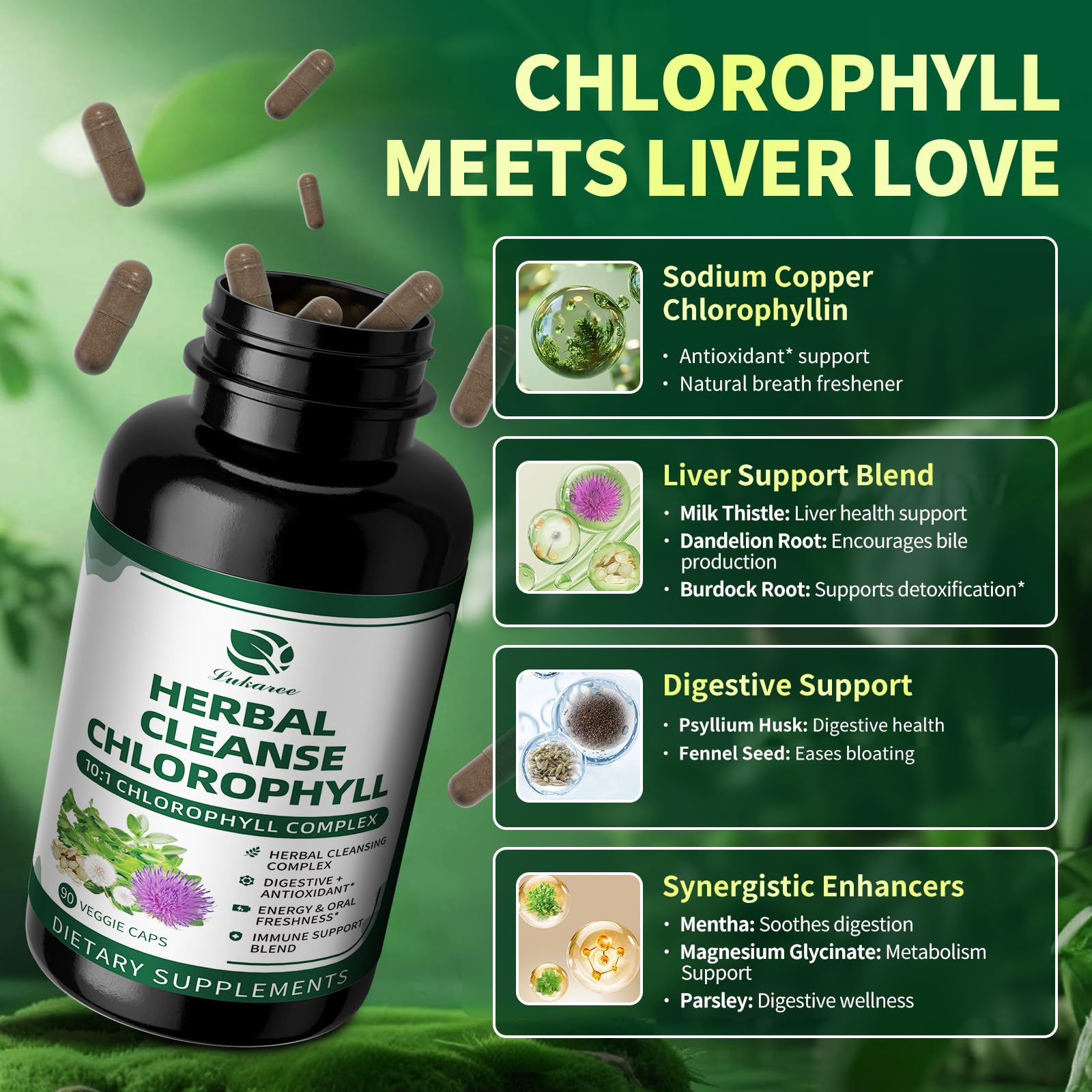 Lukaree Chlorophyll Herbal Complex Capsules | 90 Vegan Detox & Digestive Health