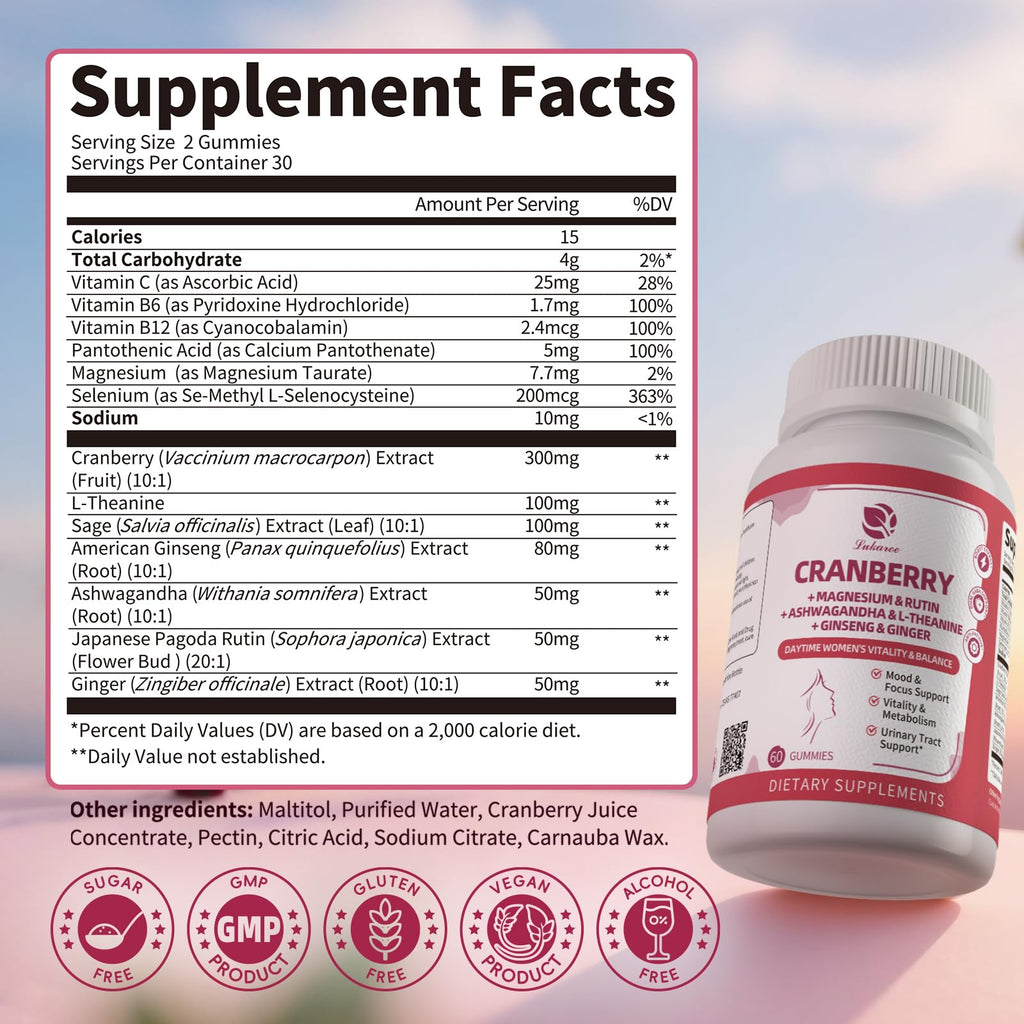 Lukaree Cranberry Gummies for Women – UTI Support, Mood & Energy