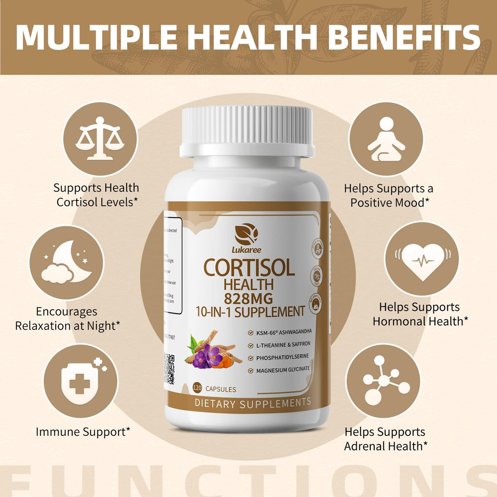 Lukaree 10-in-1 Cortisol Supplements – KSM-66 Ashwagandha + L-Theanine, 120 Caps (2 Pack)