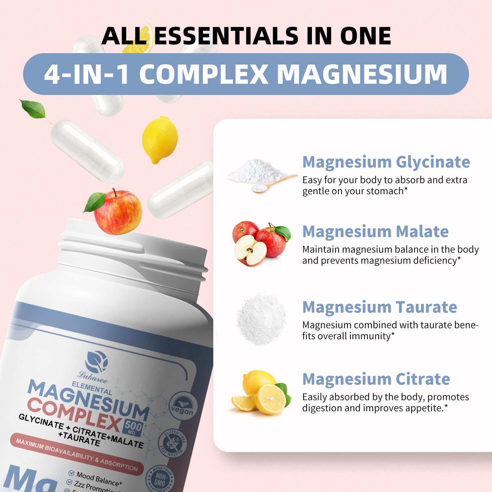 Lukaree Magnesium Complex Supplement 500mg - Chelated Magnesium Glycinate, Citrate, Malate, Taurate | 120 Vegan Non-GMO Capsules