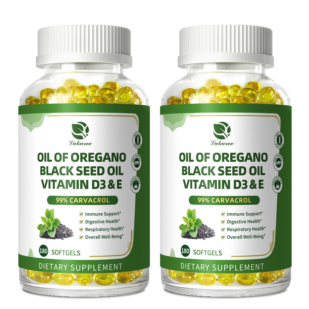 Lukaree Organic Oregano Oil Capsules with Black Seed Oil – 99% Carvacrol, 5-in-1 with Vitamin D3 & E, Black Pepper | 2-Pack