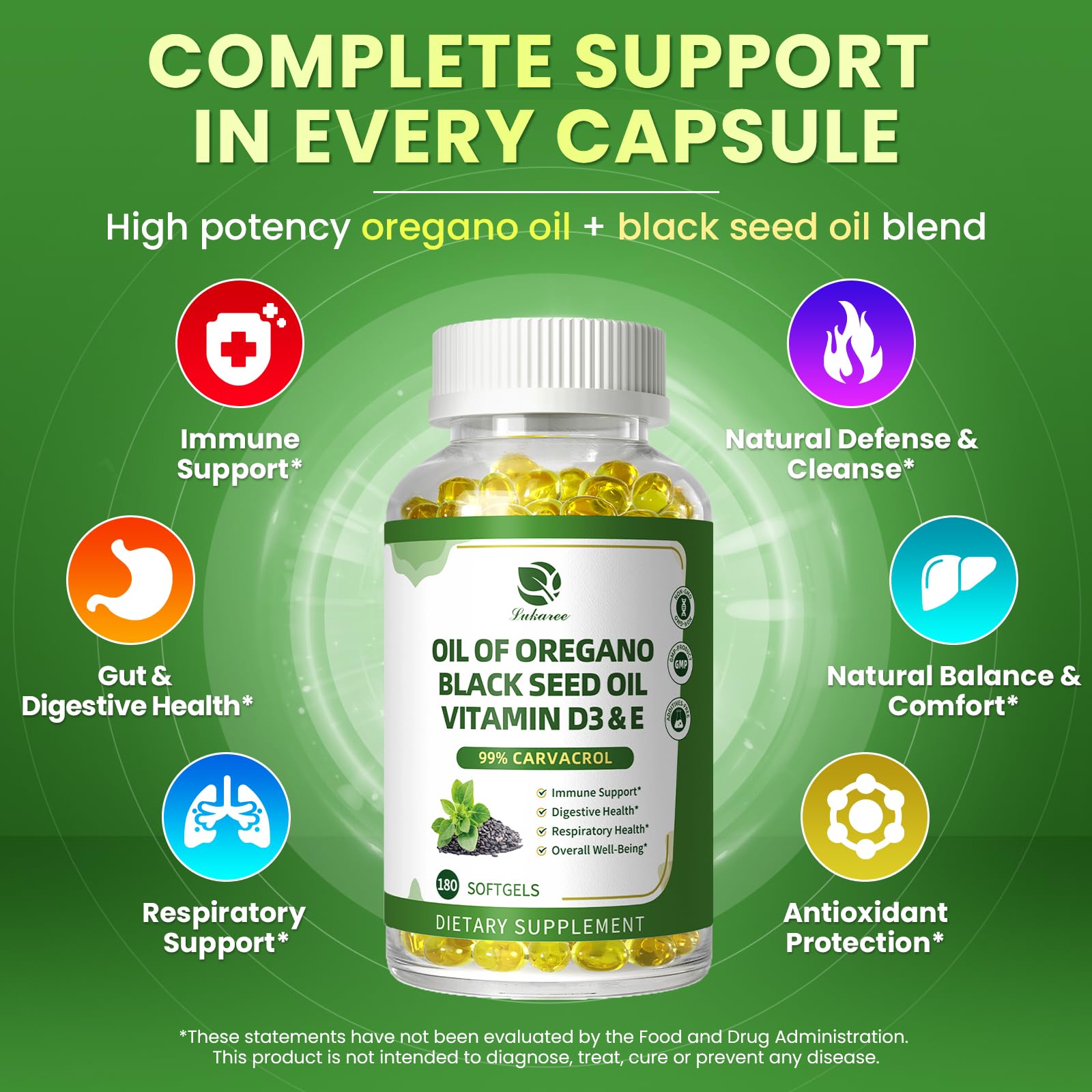Lukaree Organic Oregano Oil Capsules with Black Seed Oil – 99% Carvacrol, 5-in-1 with Vitamin D3 & E, Black Pepper | 2-Pack