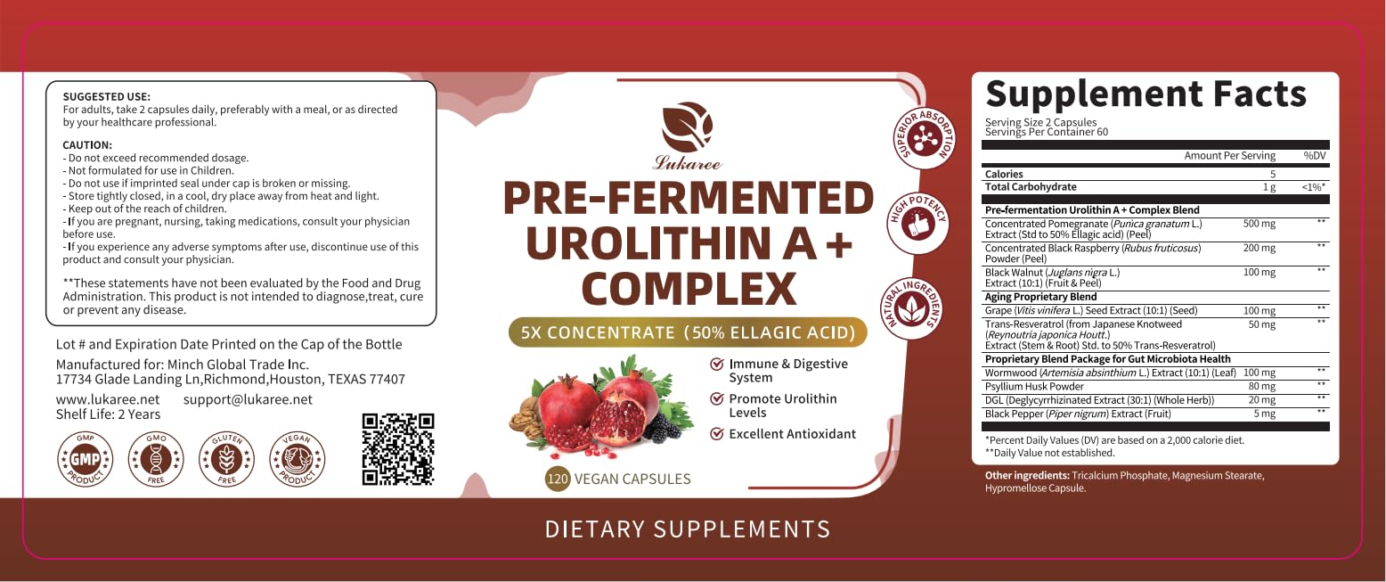 Lukaree Urolithin A+ Complex Supplement, 120 Count