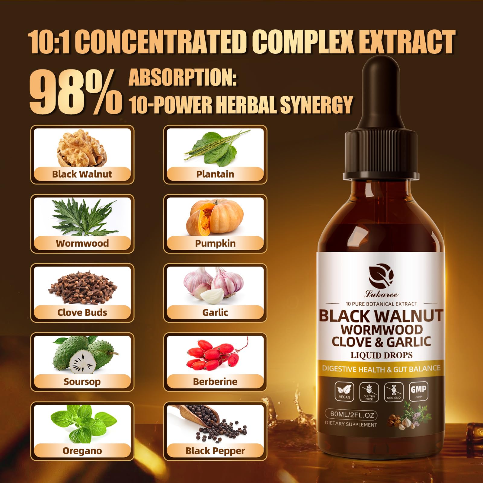 Lukaree Wormwood Black Walnut Clove Tincture – 10:1 Liposomal Digestive Detox (98% Absorption)
