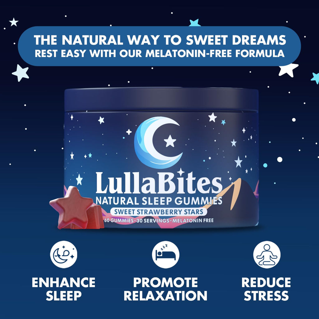 LullaBites Natural Sleep Gummies – Melatonin Free, 5-HTP & L-Theanine, Vegan & Halal – Strawberry, 60 Gummies