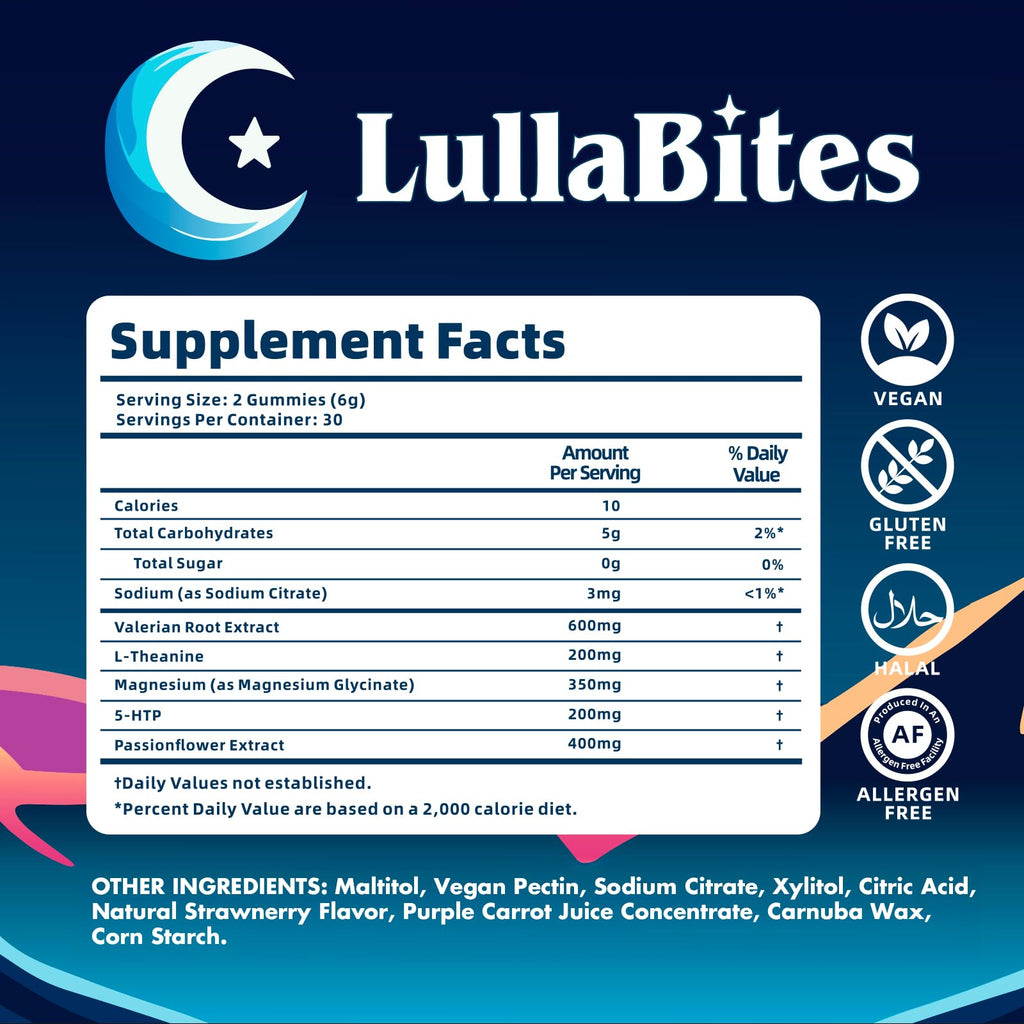 LullaBites Natural Sleep Gummies – Melatonin Free, 5-HTP & L-Theanine, Vegan & Halal – Strawberry, 60 Gummies