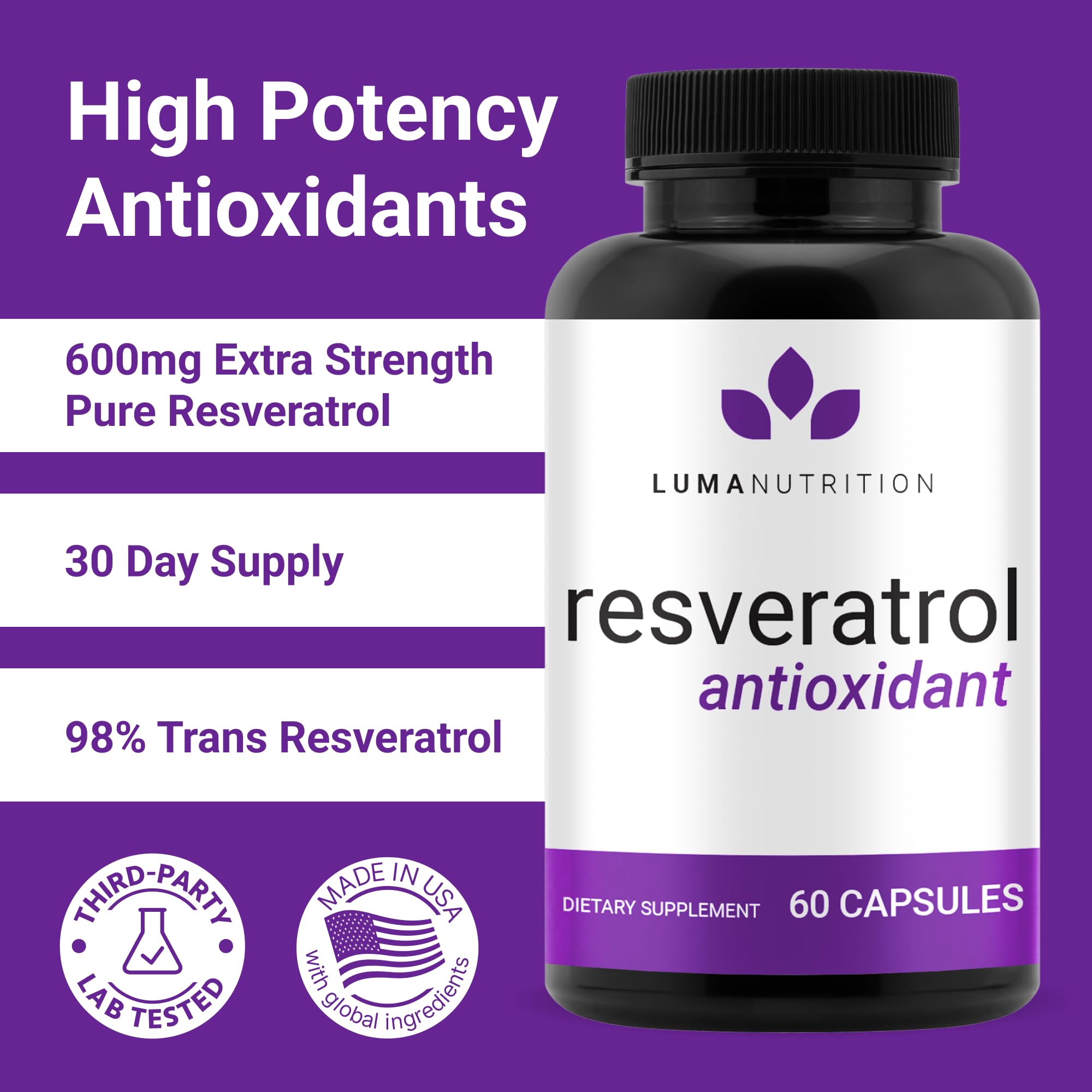 Luma Nutrition Resveratrol 98% Trans-Resveratrol – 600mg, 60 Caps, Vegan & Gluten-Free