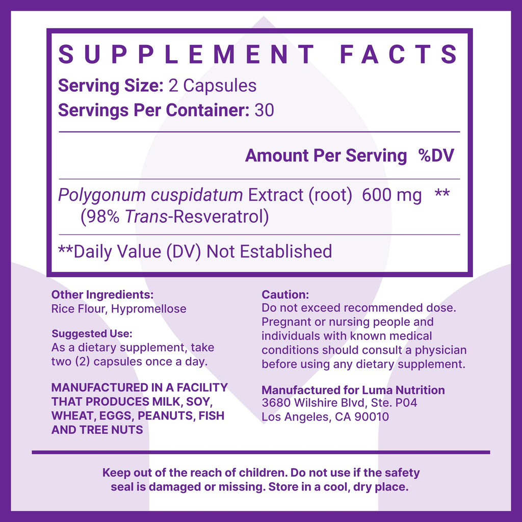 Luma Nutrition Resveratrol 98% Trans-Resveratrol – 600mg, 60 Caps, Vegan & Gluten-Free