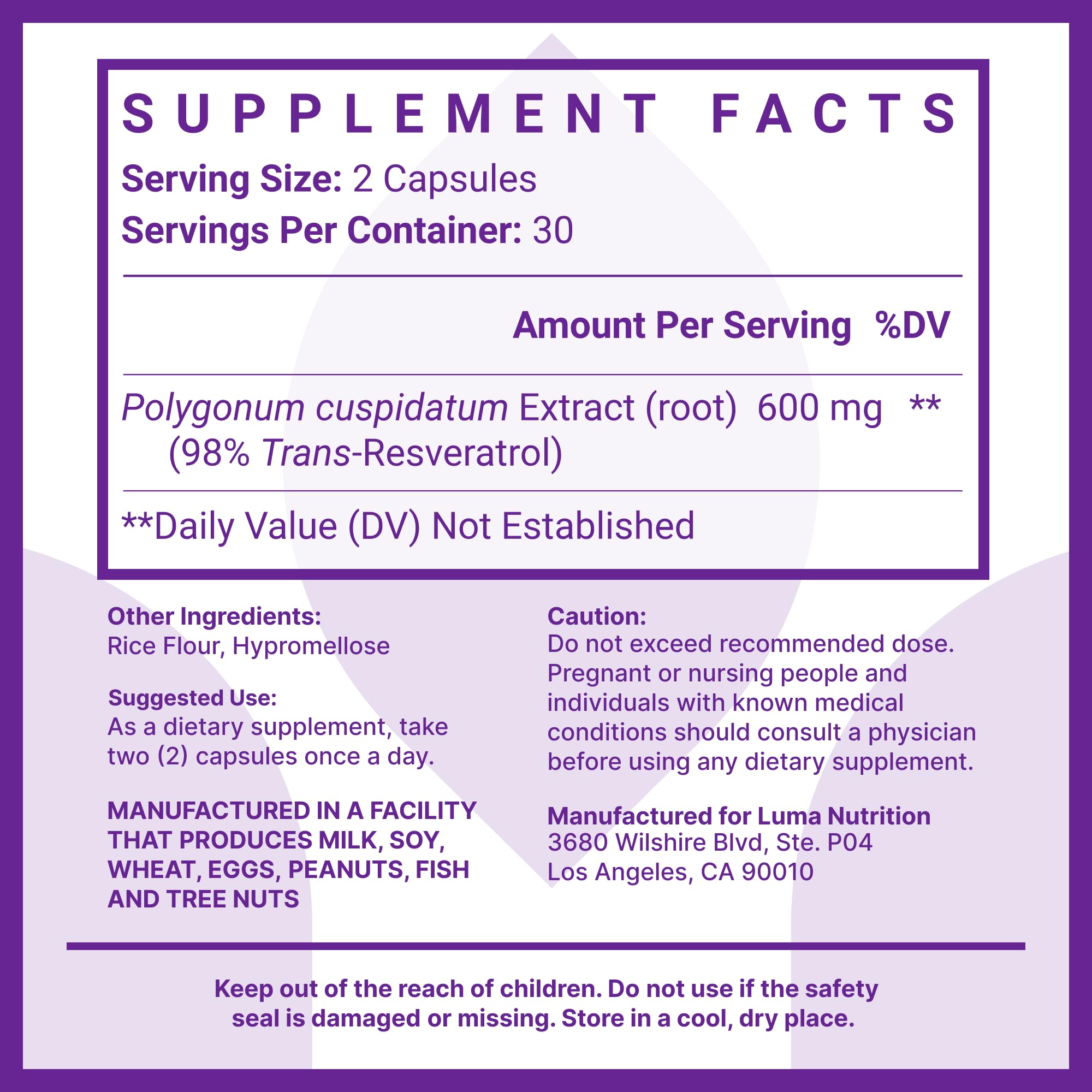 Luma Nutrition Resveratrol 98% Trans-Resveratrol – 600mg, 60 Caps, Vegan & Gluten-Free
