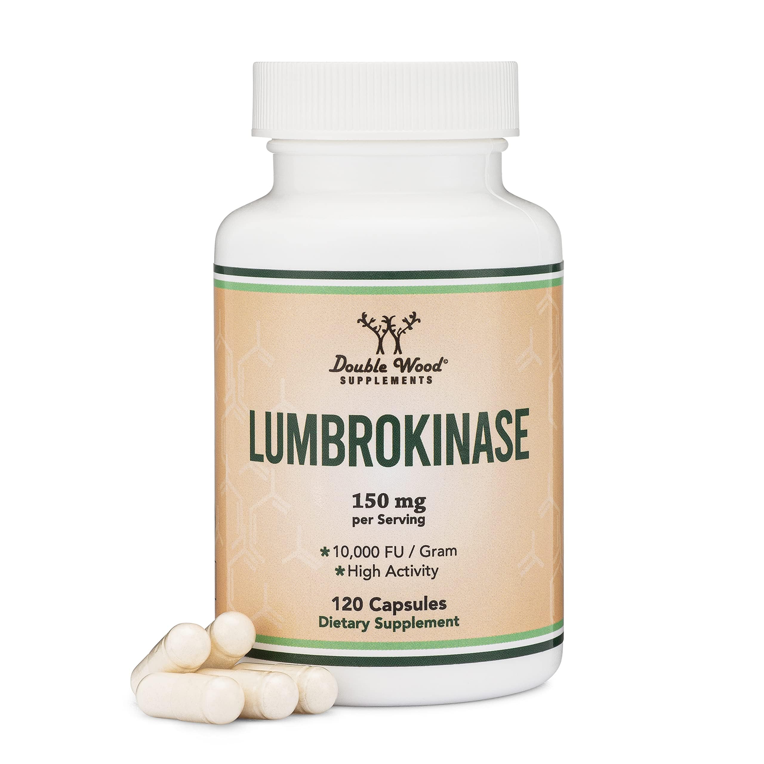 Lumbrokinase Enzymes Supplement - 120 Capsules | Max 10,000 FU/g | Non-GMO, Gluten Free | Double Wood