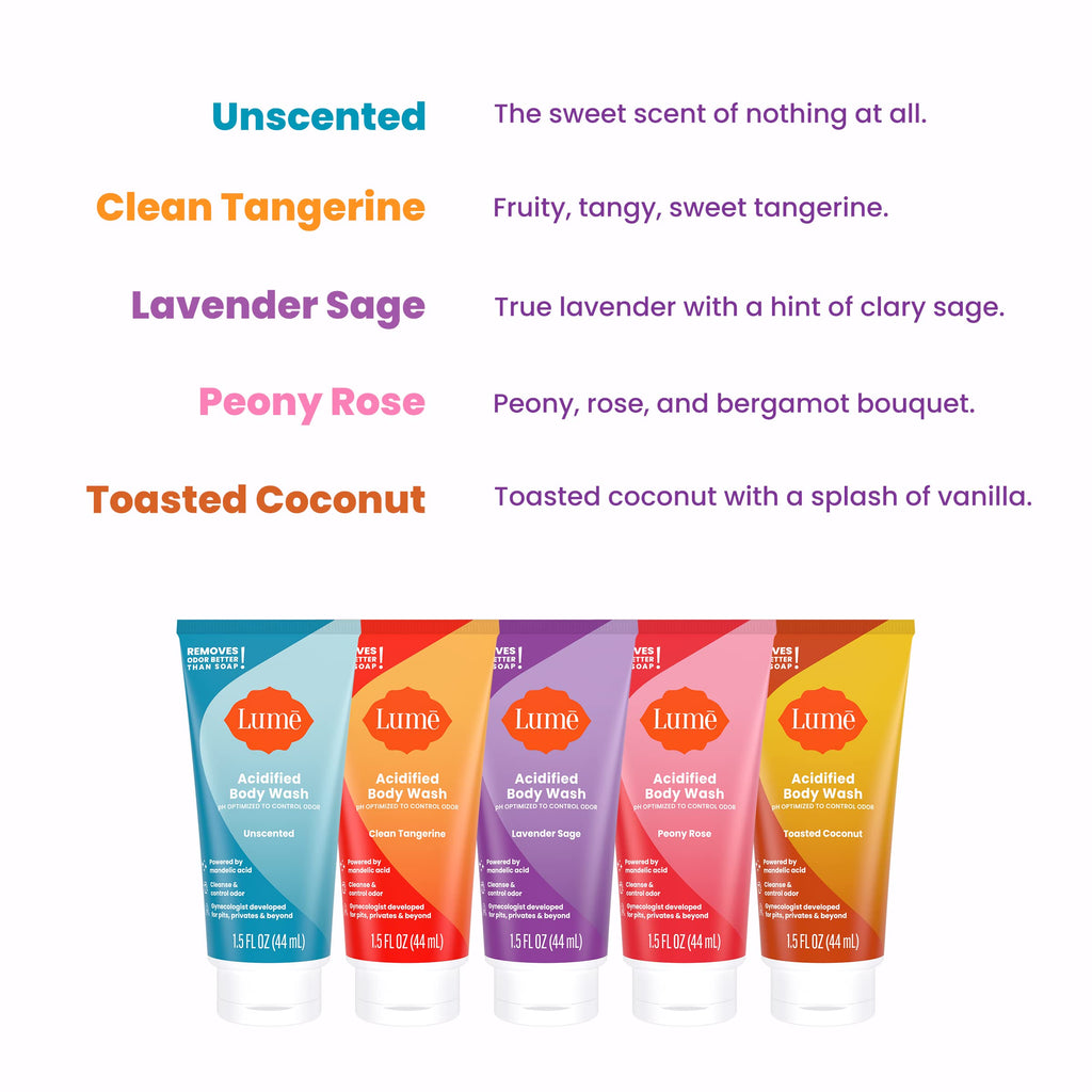 Lume Acidified Body Wash 5 Pack Minis – 24 Hour Odor Control, SLS & Paraben Free