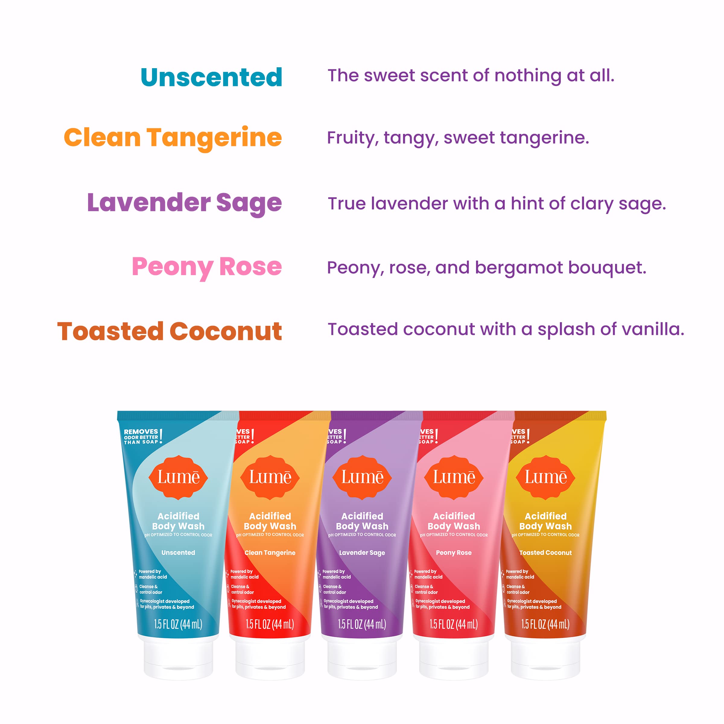Lume Acidified Body Wash 5 Pack Minis – 24 Hour Odor Control, SLS & Paraben Free