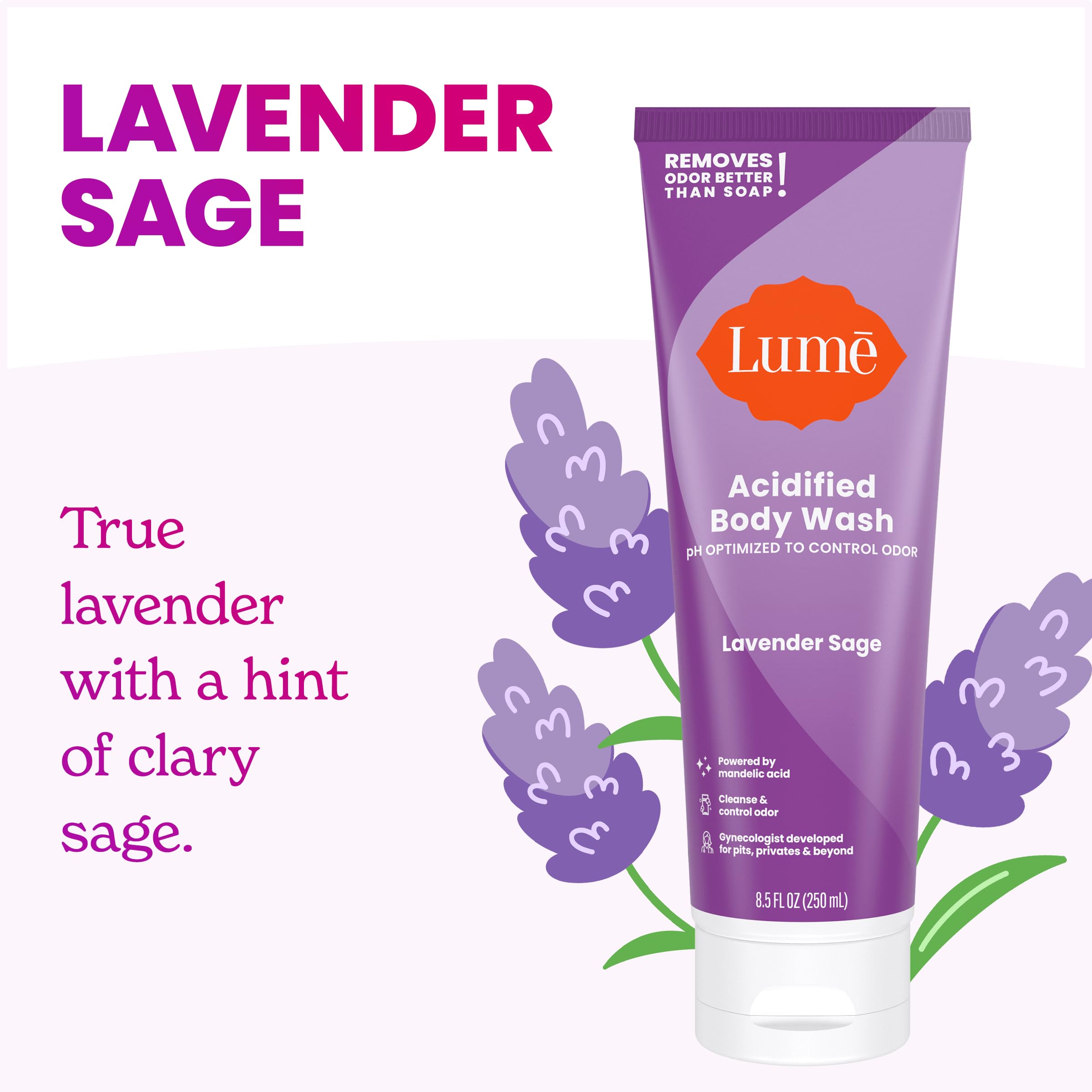 Lume Acidified Body Wash Lavender Sage – 24 Hour Odor Control (Pack of 2) | SLS & Paraben Free