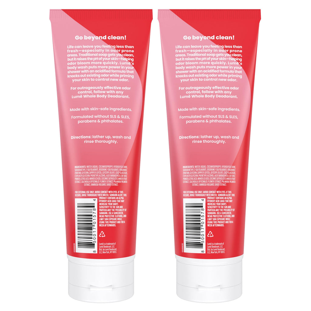 Lume Acidified Body Wash – 24 Hour Odor Control | Peony Rose | Pack of 2 (8.5 oz)