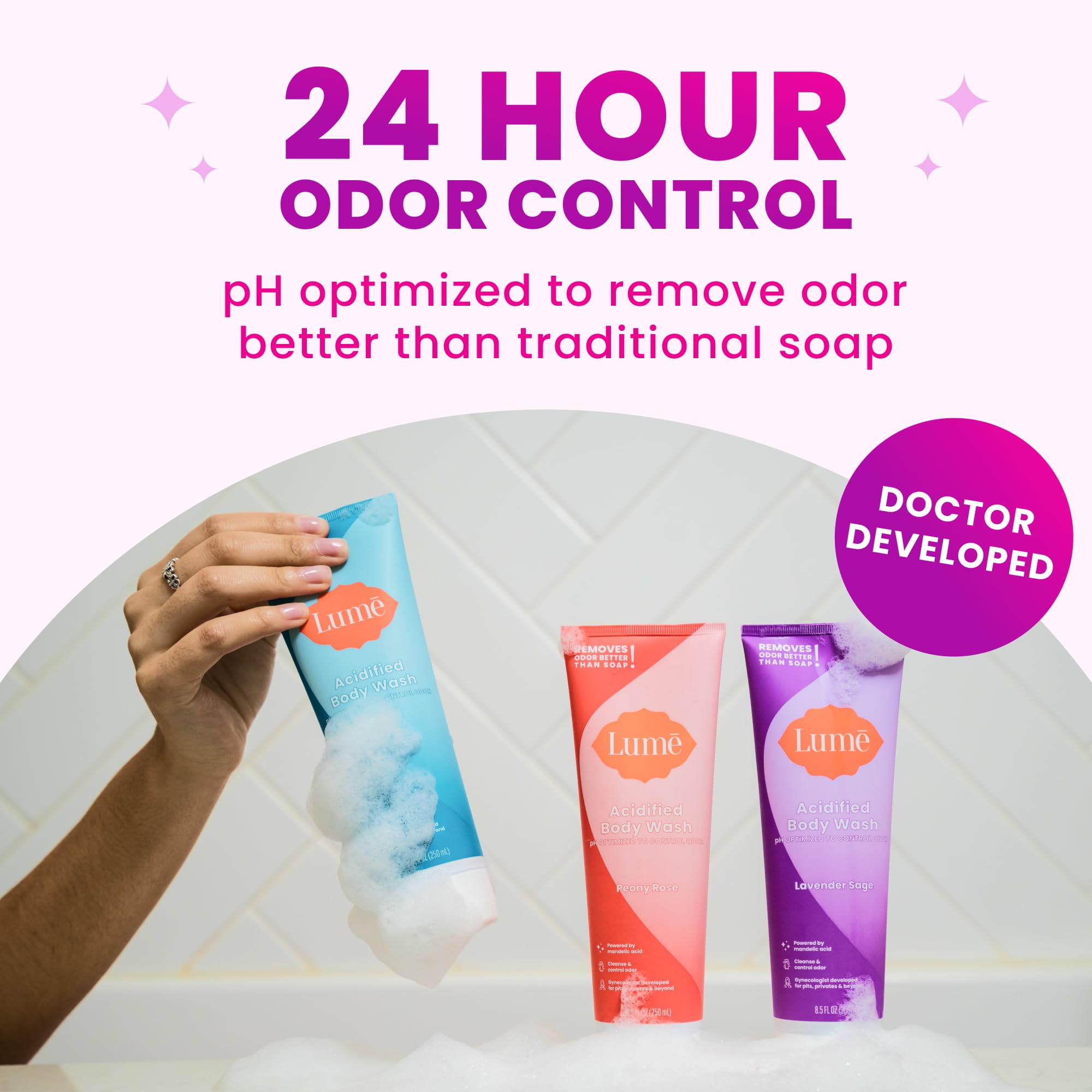 Lume Acidified Body Wash – 24-Hour Odor Control, SLS/Paraben Free, OB/GYN Developed – 8.5 oz Pack of 2 (Clean Tangerine & Lavender Sage)