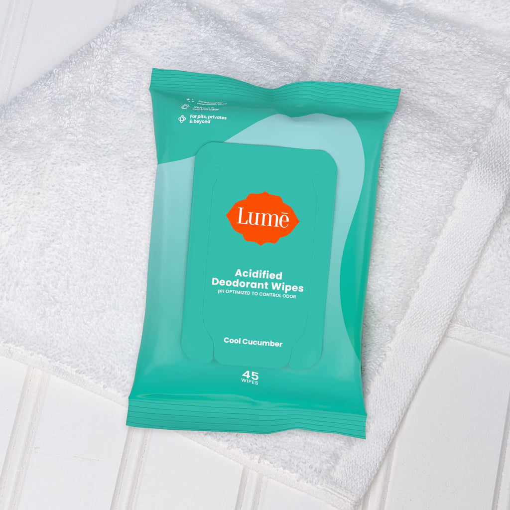 Lume Acidified Deodorant Wipes - 24-Hour Odor Control, Aluminum Free, Cool Cucumber (2-Pack, 45 Count)
