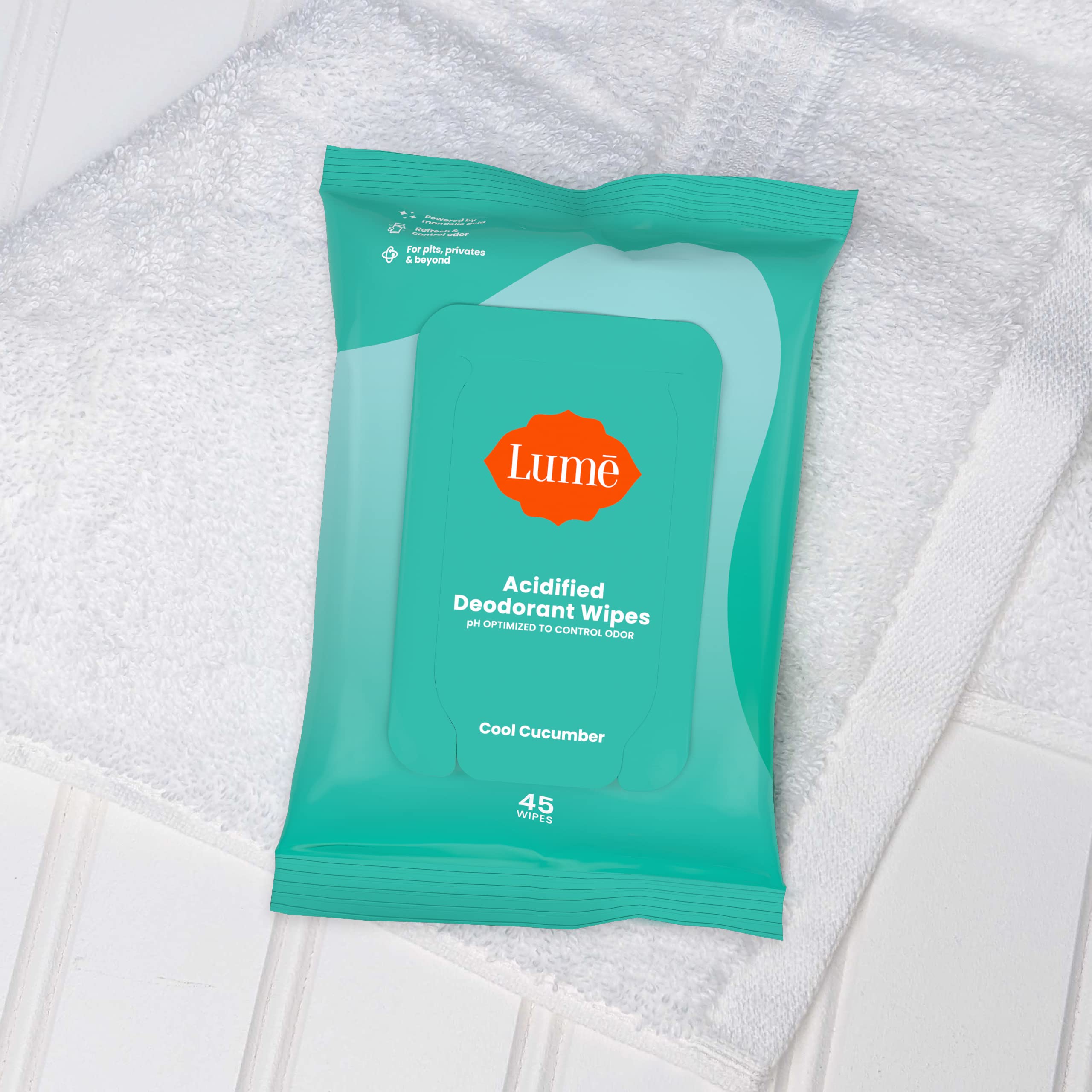 Lume Acidified Deodorant Wipes - 24-Hour Odor Control, Aluminum Free, Cool Cucumber (2-Pack, 45 Count)