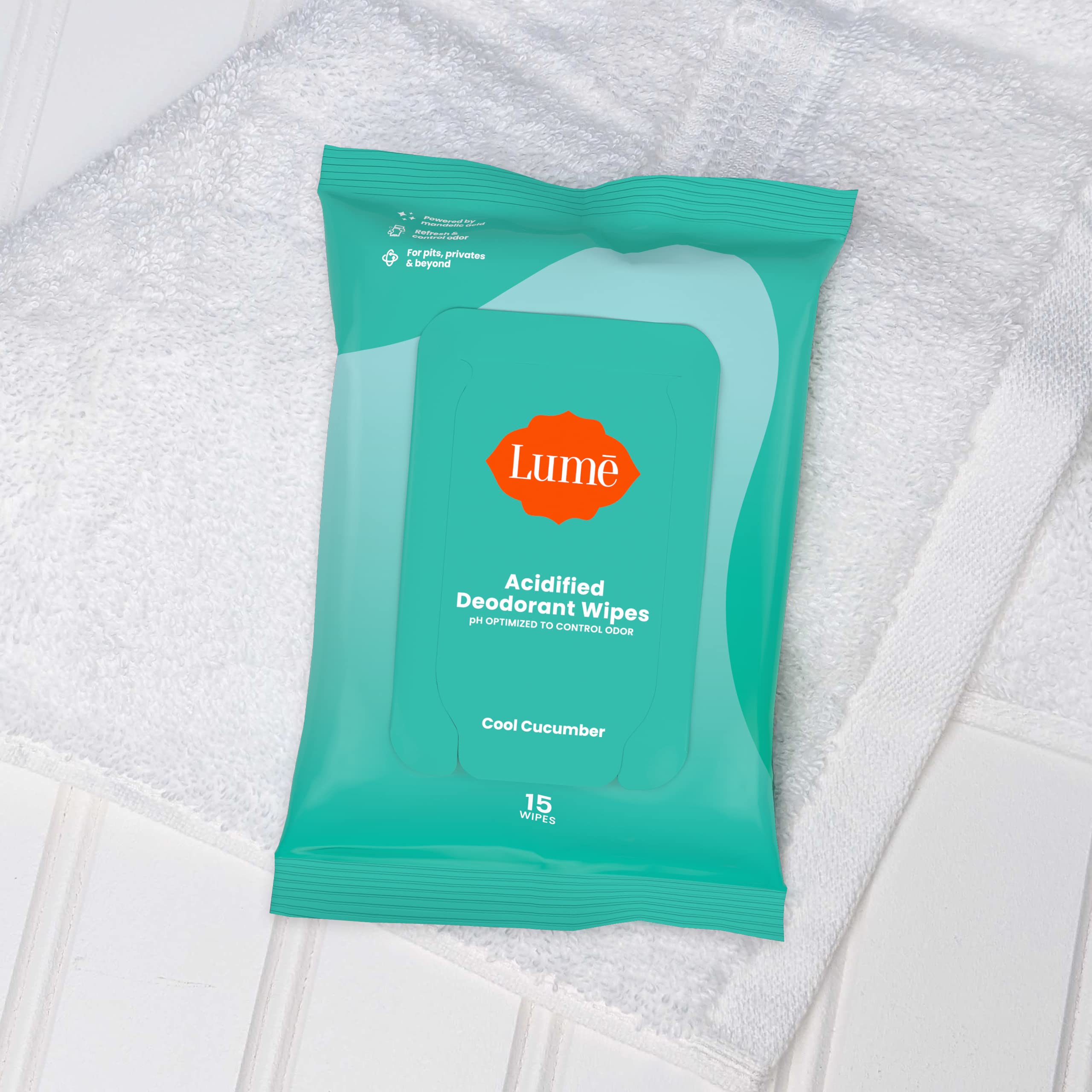 Lume Acidified Deodorant Wipes - 24-Hour Odor Control, Aluminum Free, Cool Cucumber (Pack of 3)