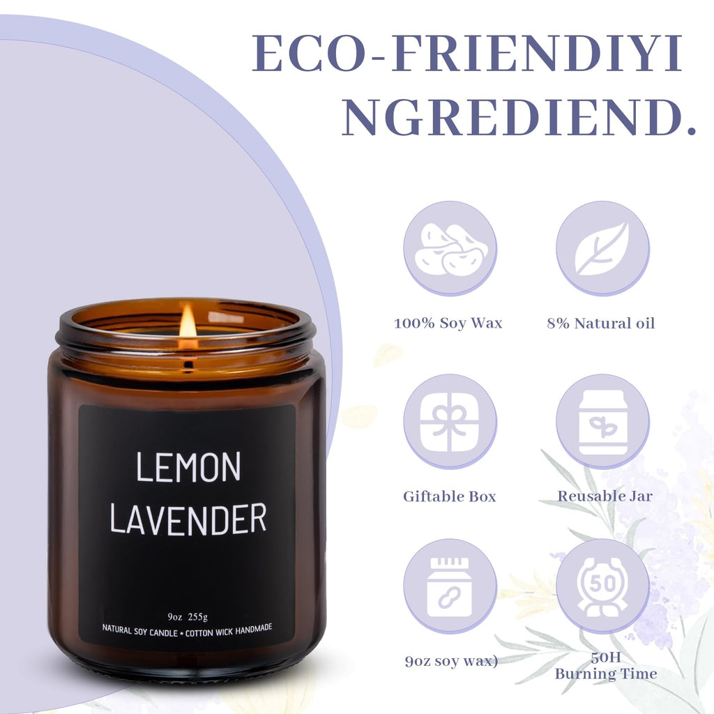 LumiSpace Luxury Lemon & Lavender Candle Gift Set | 100% Natural Soy Wax, 50H Burn