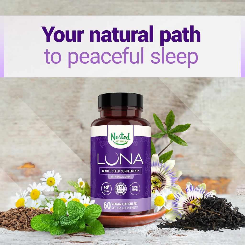 Nested Naturals Luna Sleep Aid – Natural, Non-Habit Forming Sleep Support for Adults | 120 Vegan Capsules