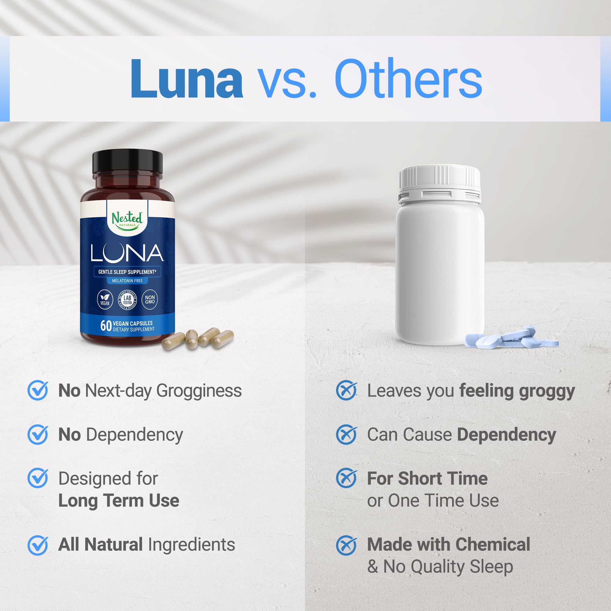 Nested Naturals Luna Sleep Supplement – Melatonin-Free, Non-Habit Forming Sleep Aid with Chamomile, Valerian & L-Theanine | 60 Vegan Capsules