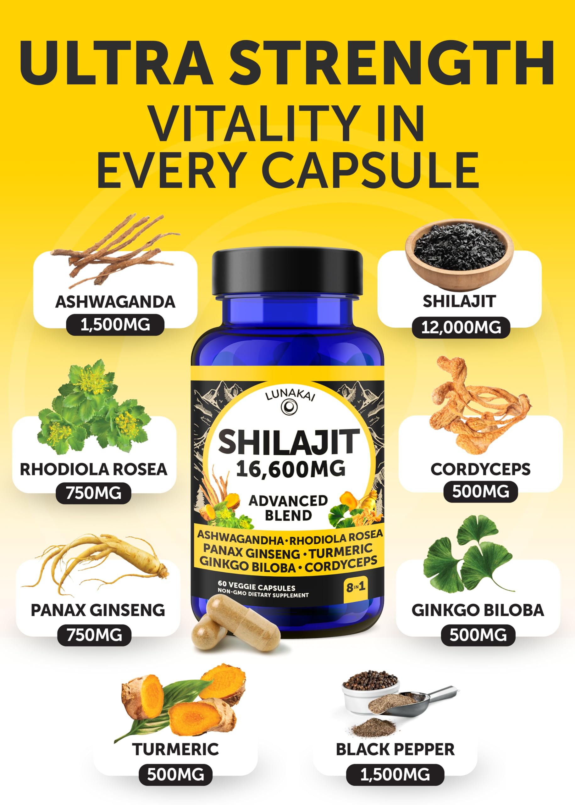 Lunakai USA Made Shilajit Capsules with Ashwagandha & Cordyceps – Extra Strength 60ct