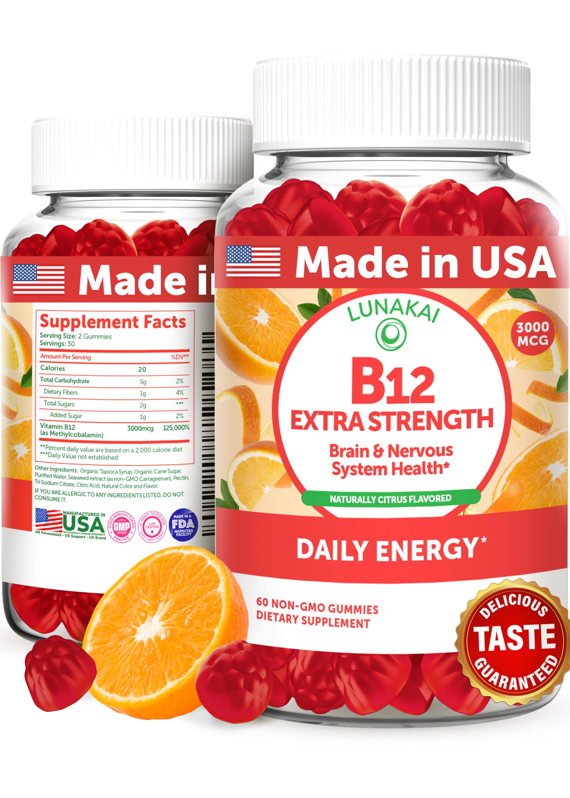 Lunakai Extra Strength 3000mcg Vitamin B12 Gummies — USA Made, Vegan Methylcobalamin, 60ct