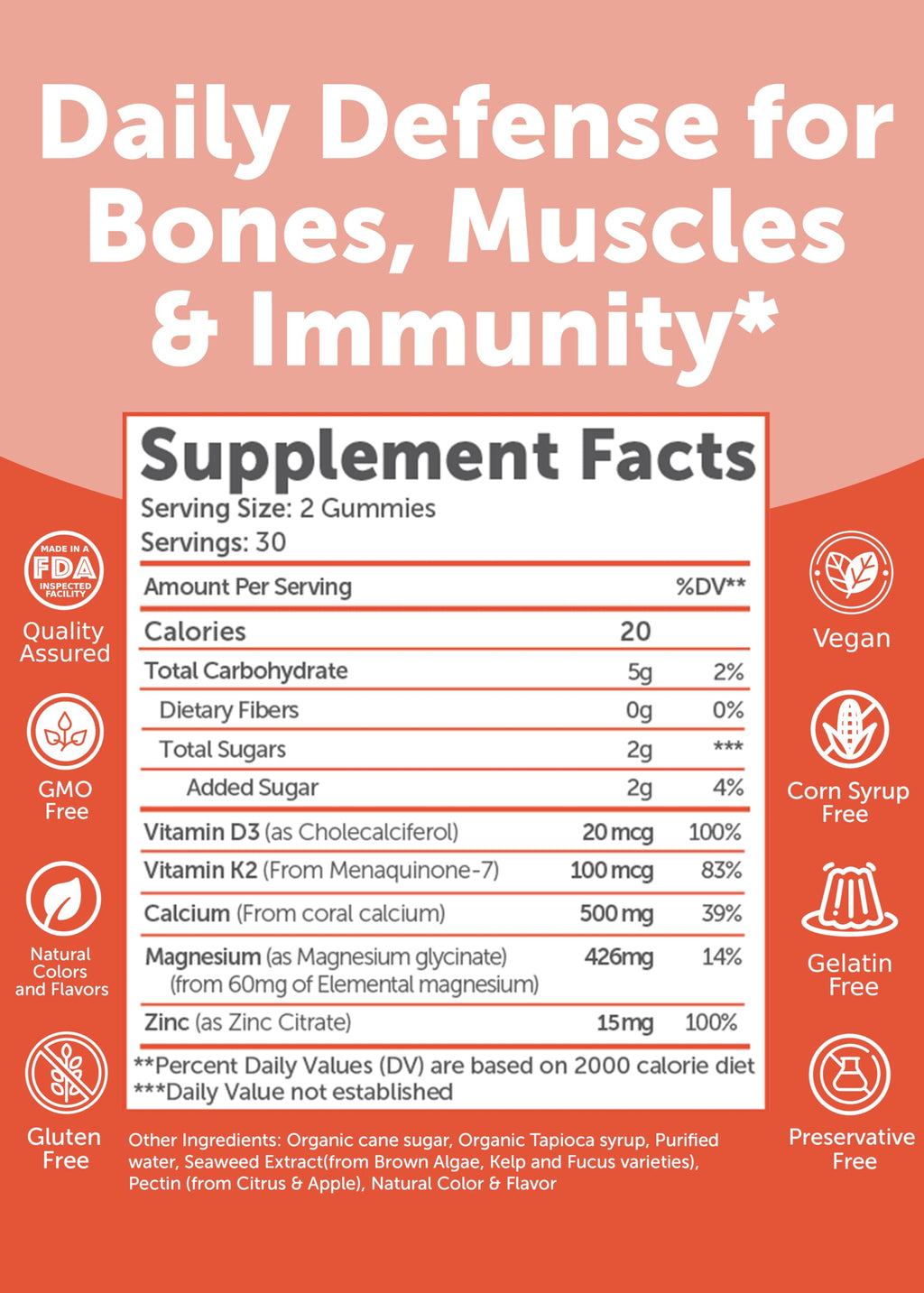 Lunakai USA Calcium Gummies with Magnesium, Zinc, Vitamin D3 & K2 – 60ct