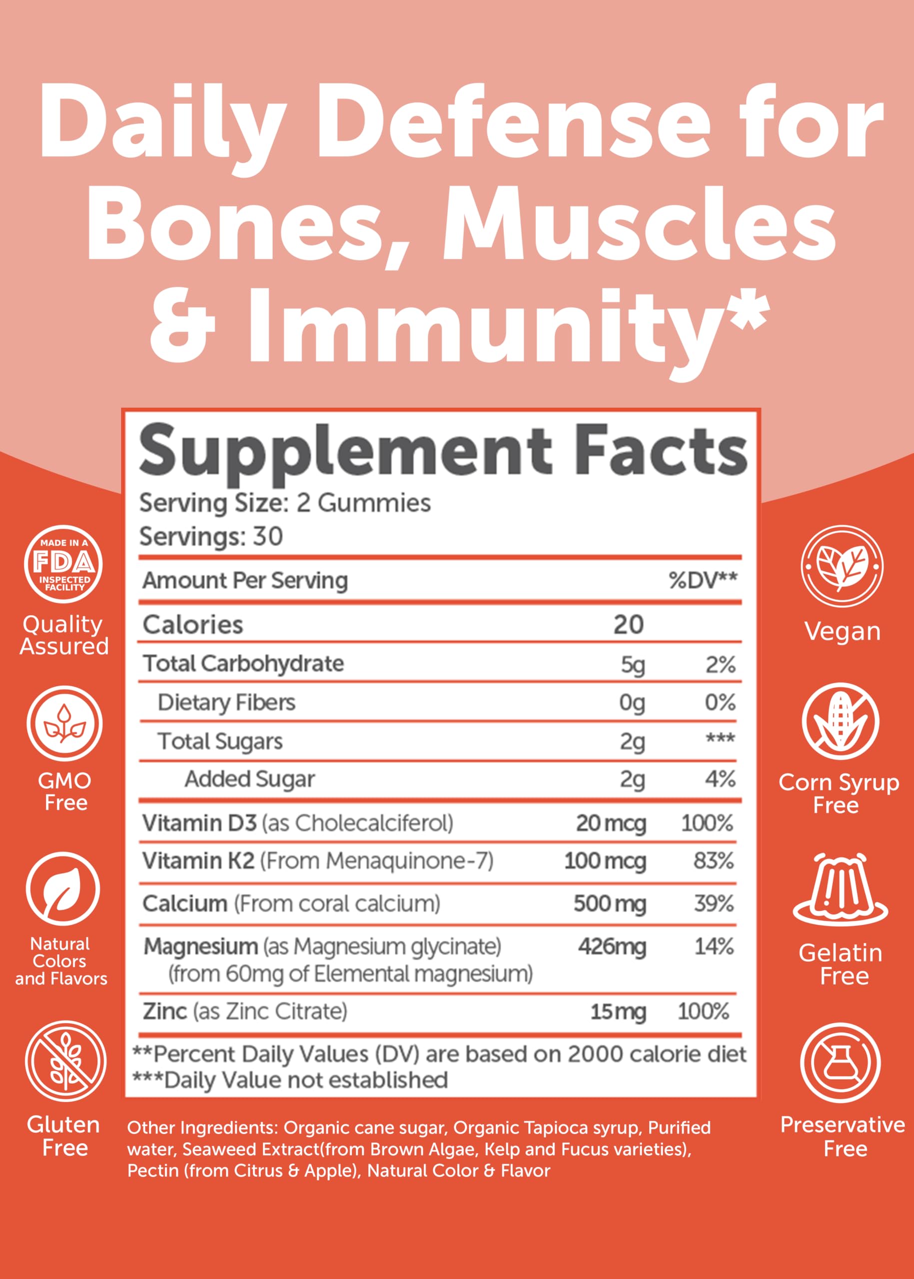 Lunakai USA Calcium Gummies with Magnesium, Zinc, Vitamin D3 & K2 – 60ct