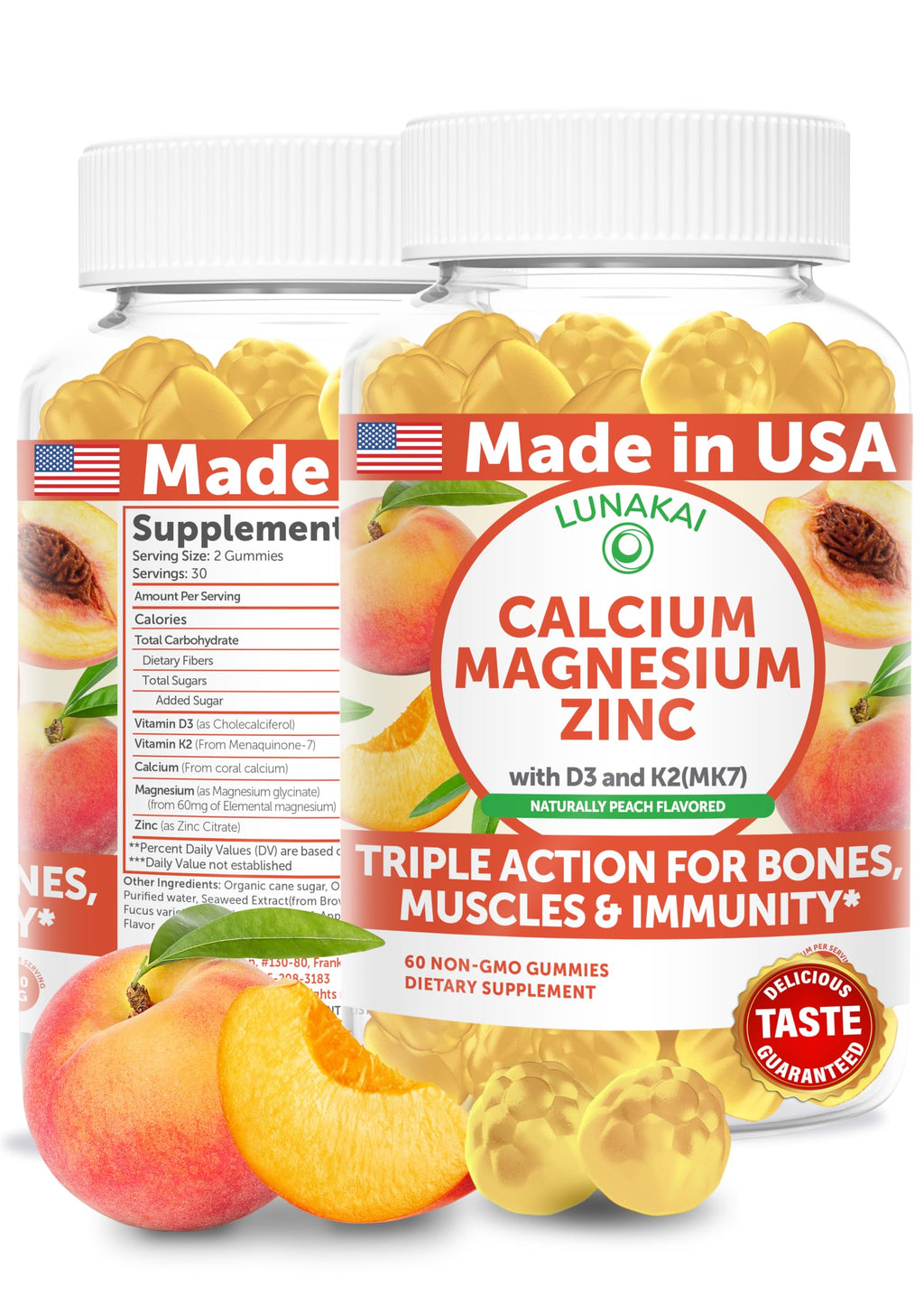 Lunakai USA Calcium Gummies with Magnesium, Zinc, Vitamin D3 & K2 – 60ct