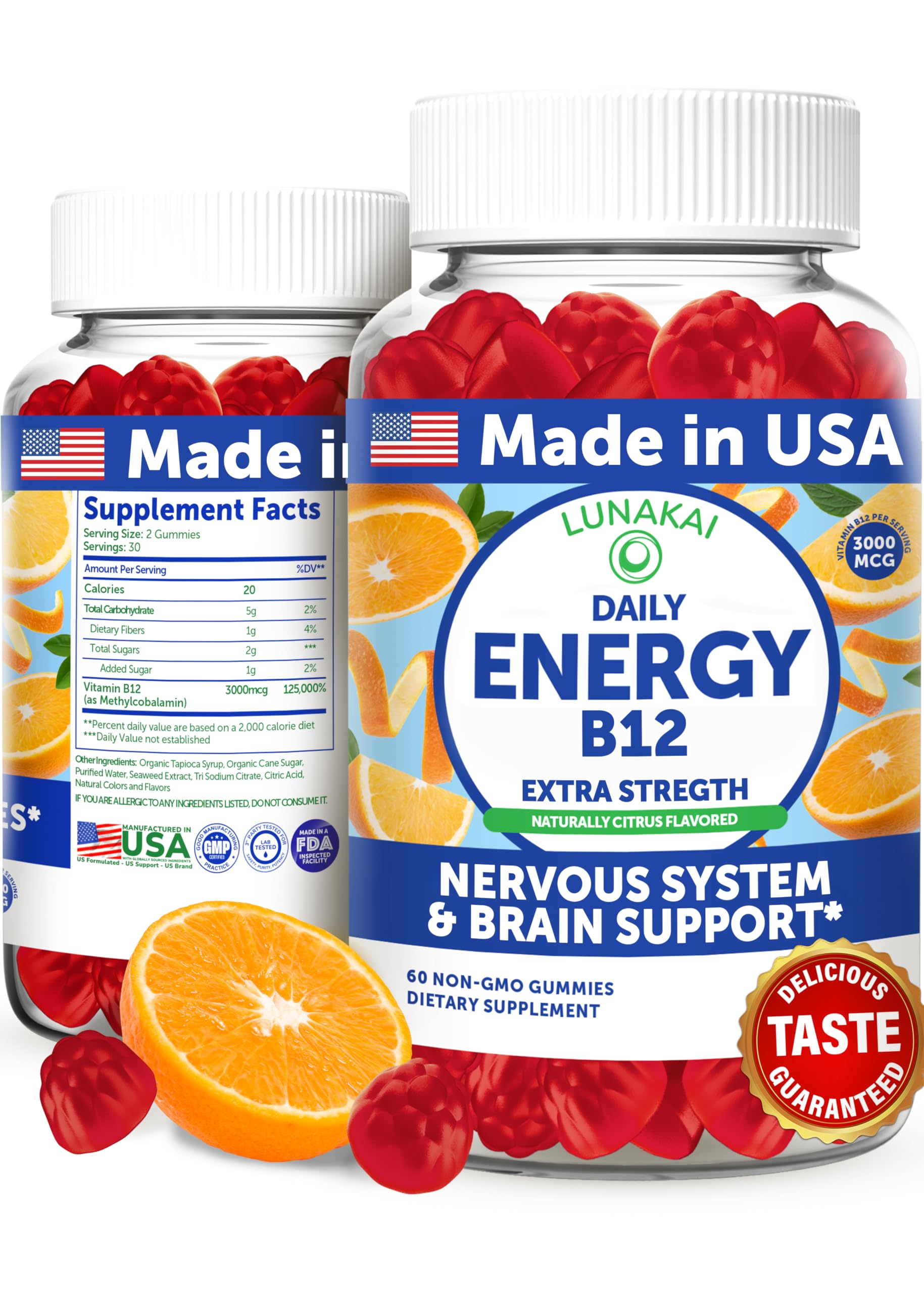 Lunakai Energy Gummies – USA Made Vegan B12 (3000 mcg) 60ct