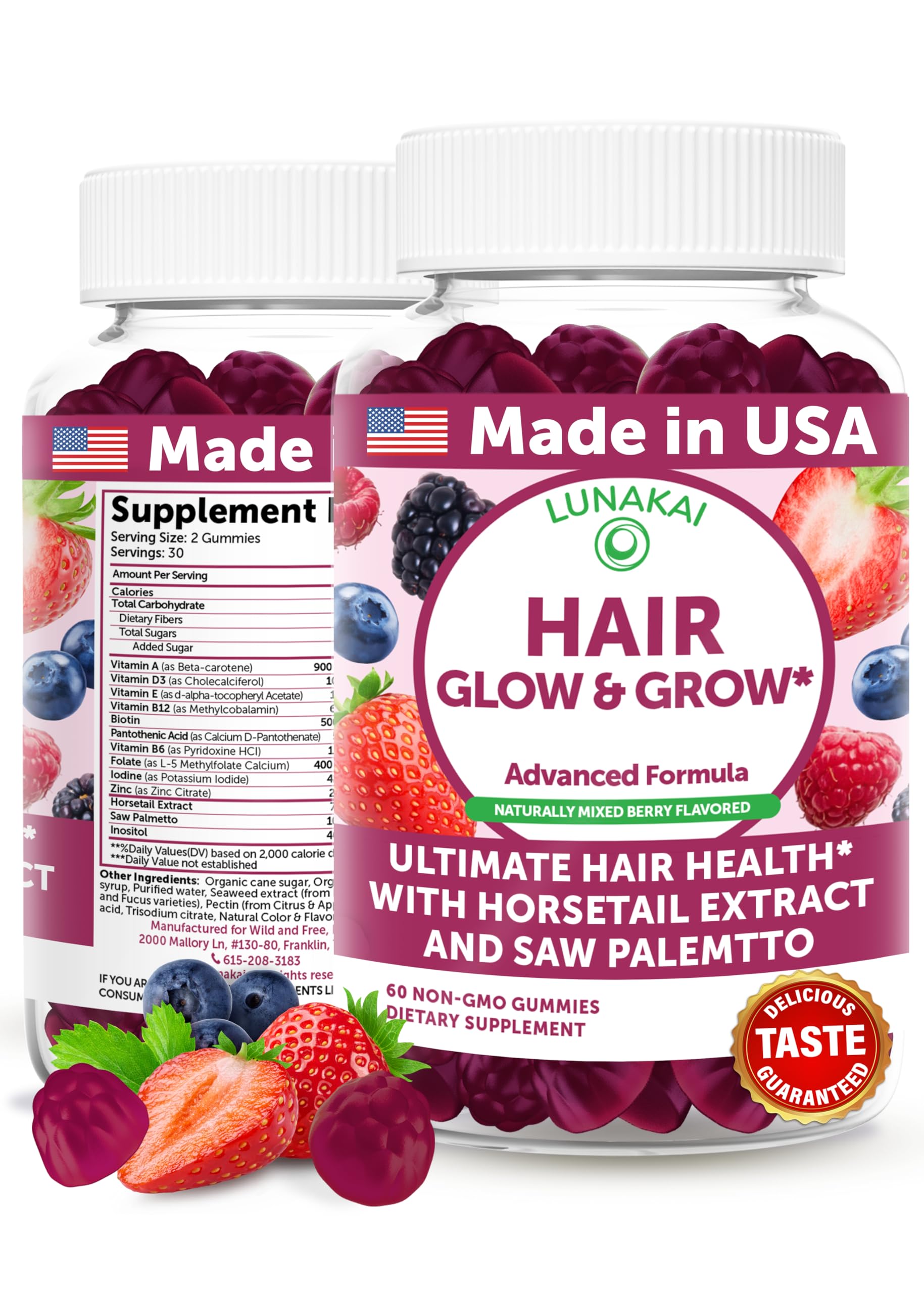 Lunakai USA Made Hair Gummies – Biotin, Zinc & Horsetail | Hair Growth Vitamins 60ct