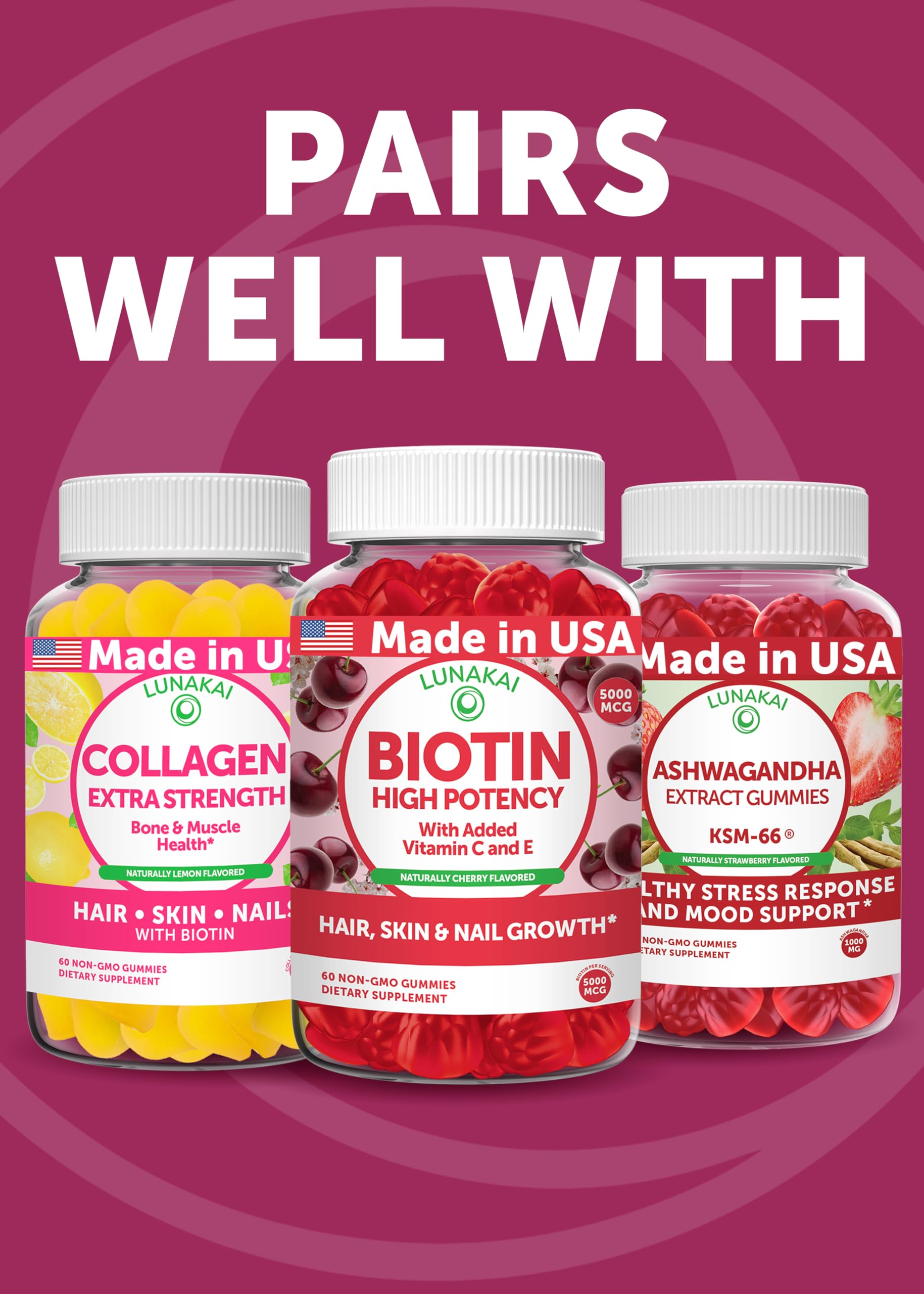 Lunakai USA Made Hair Gummies – Biotin, Zinc & Horsetail | Hair Growth Vitamins 60ct