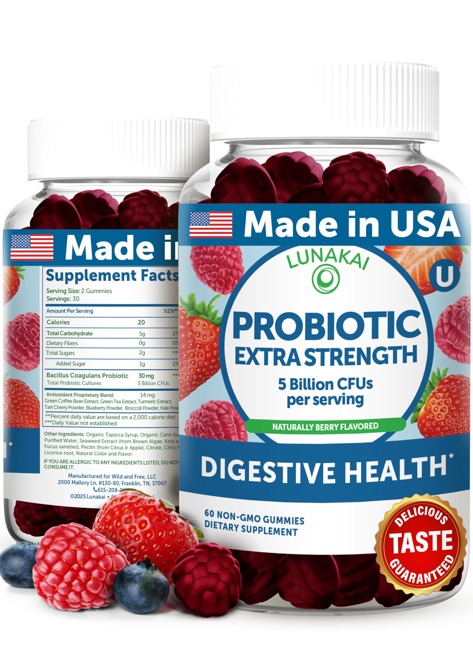 Lunakai Probiotic Gummies – 5 Billion CFUs, USA Made, Vegan, Non-GMO, Gluten-Free | Digestive & Immune Support – 60 Gummies
