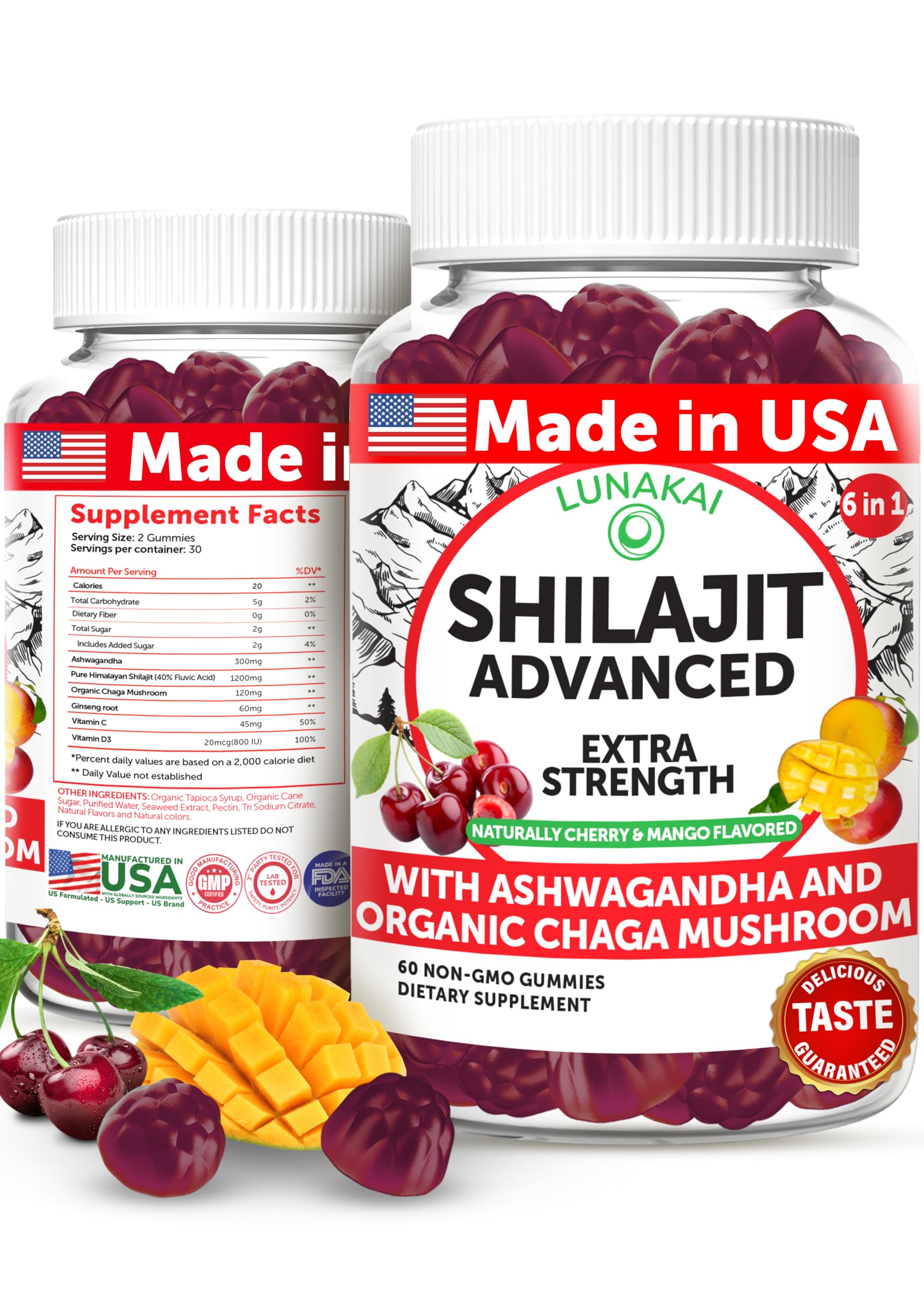 Lunakai USA Made Shilajit Gummies 1200mg with Ashwagandha & Chaga – 60ct