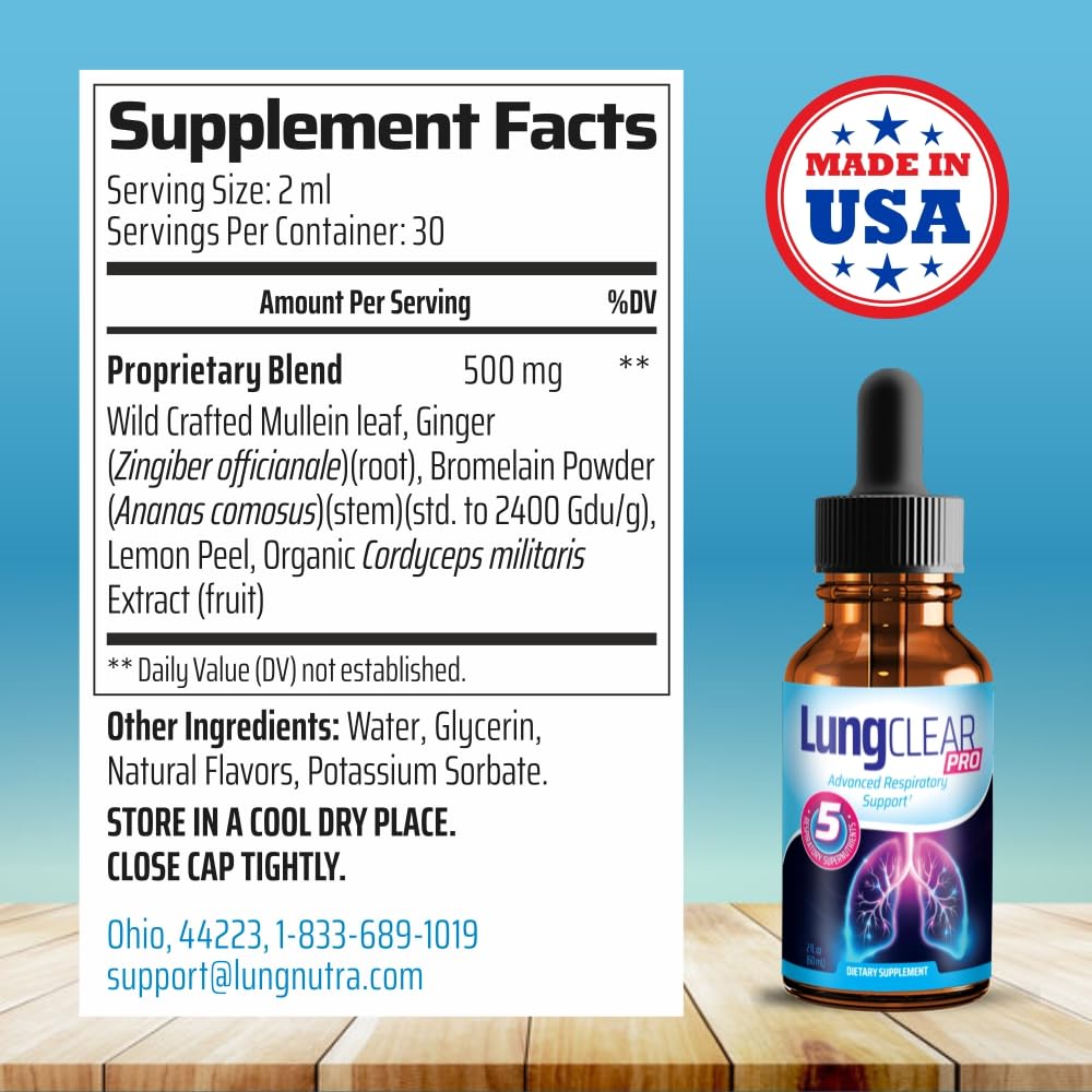 LUNG CLEAR PRO Lung Support Drops with Wild Mullein Leaf – 2 fl oz (6 Bottles)