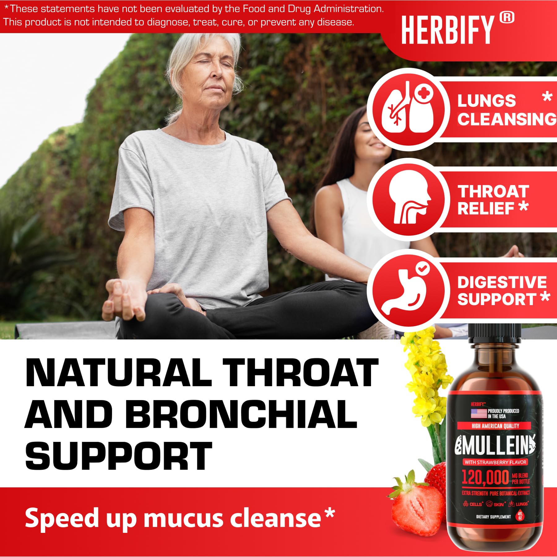 HERBIFY Mullein Drops - Lung Cleanse & Respiratory Support - Strawberry Flavor, 4 oz - Made in USA