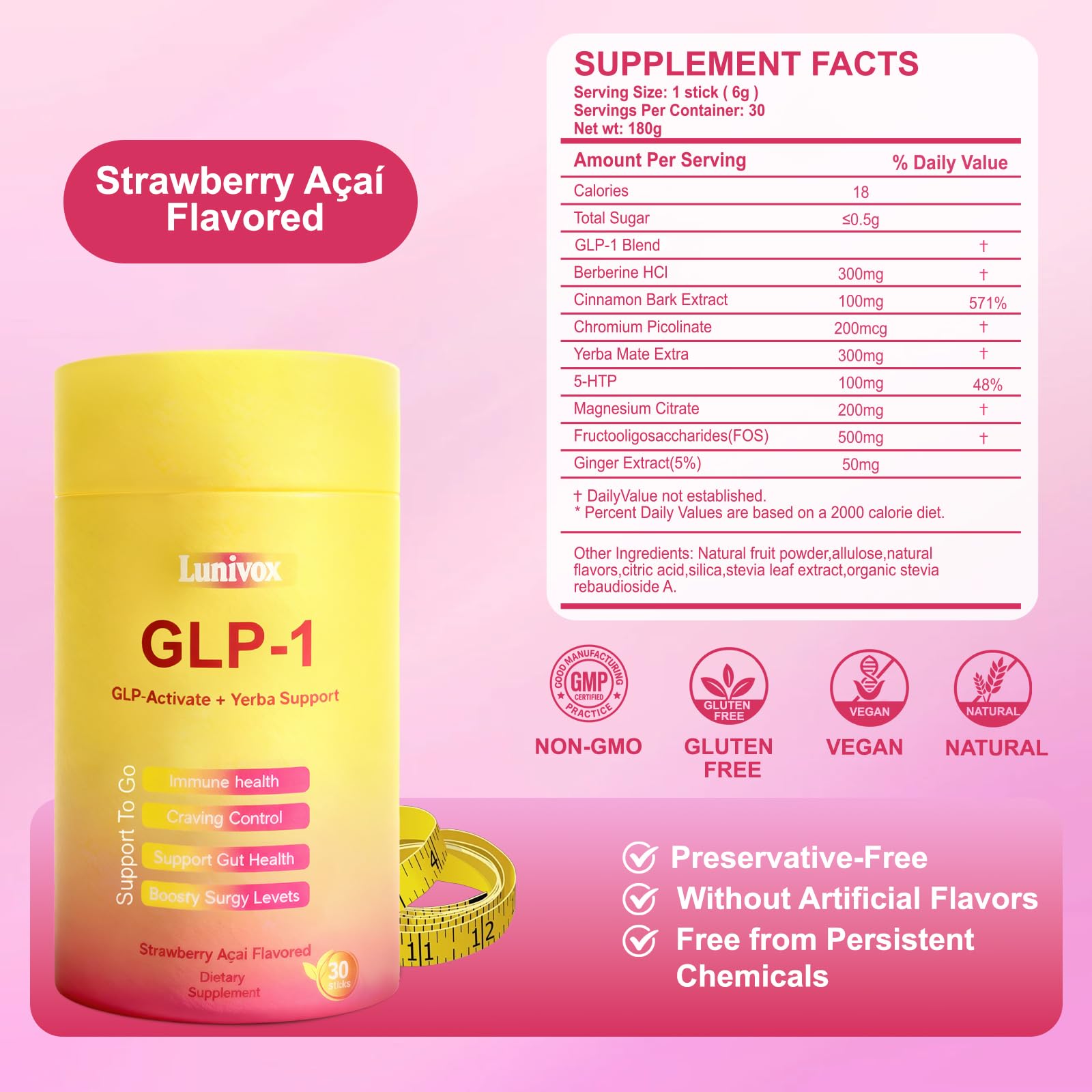 Lunivox GLP-1 Drink Mix – Dual-Action Prebiotic for Gut Wellness & Energy | Non-GMO, Gluten-Free & Vegan | Strawberry Açaí (30 Sticks)